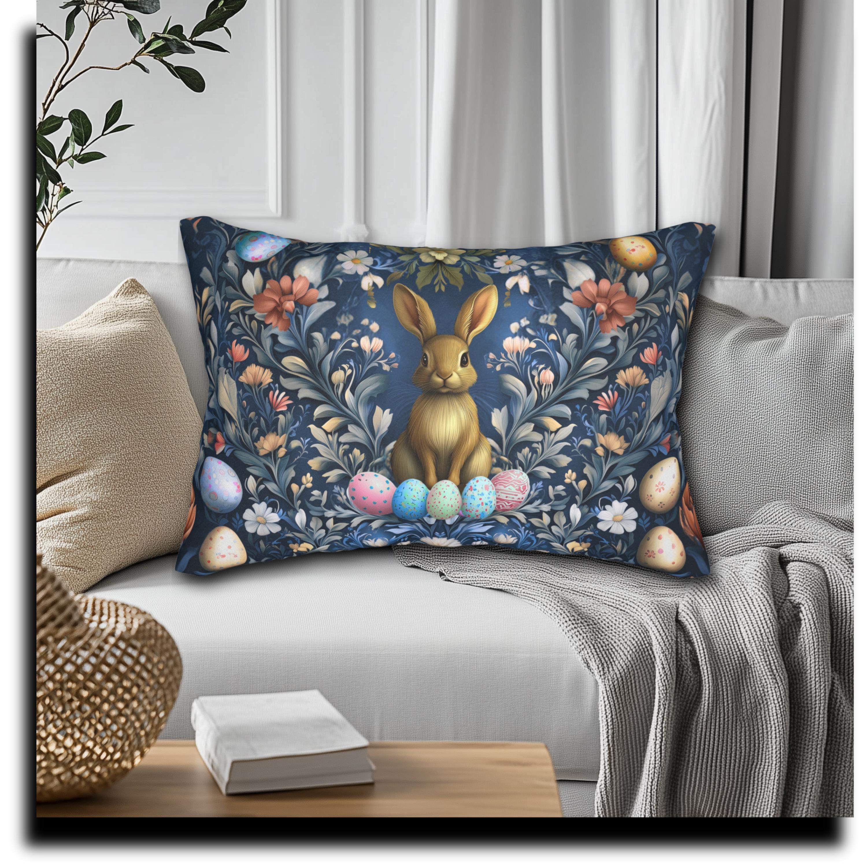 Easter Botanical Lumbar Pillow: William Morris Inspired Vintage Rabbit & Floral Art for Spring Decor
