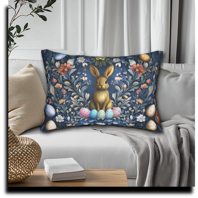 Easter Botanical Lumbar Pillow: William Morris Inspired Vintage Rabbit & Floral Art for Spring Decor