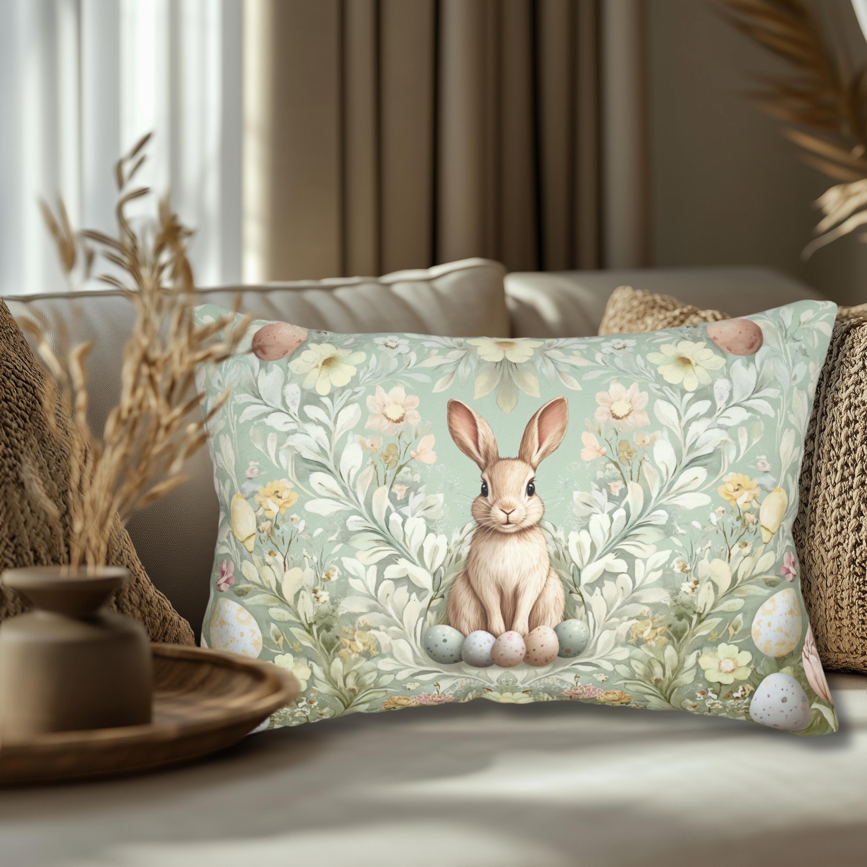 Vintage-Inspired Easter Bunny Lumbar Pillow: William Morris Floral Botanical Art for Spring Decor