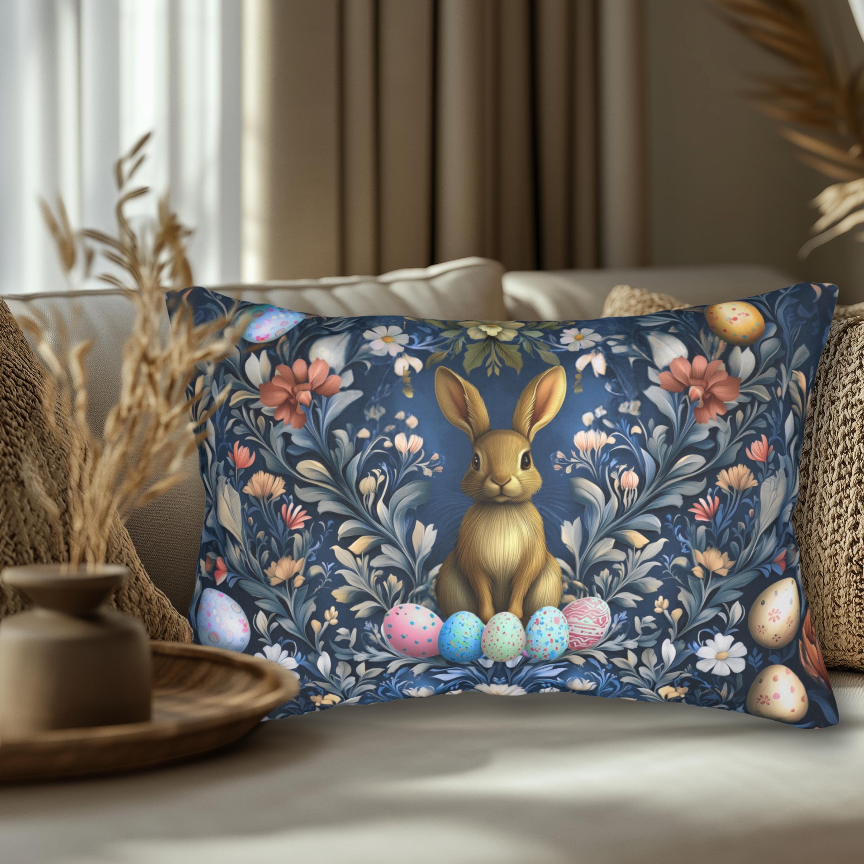 Easter Botanical Lumbar Pillow: William Morris Inspired Vintage Rabbit & Floral Art for Spring Decor