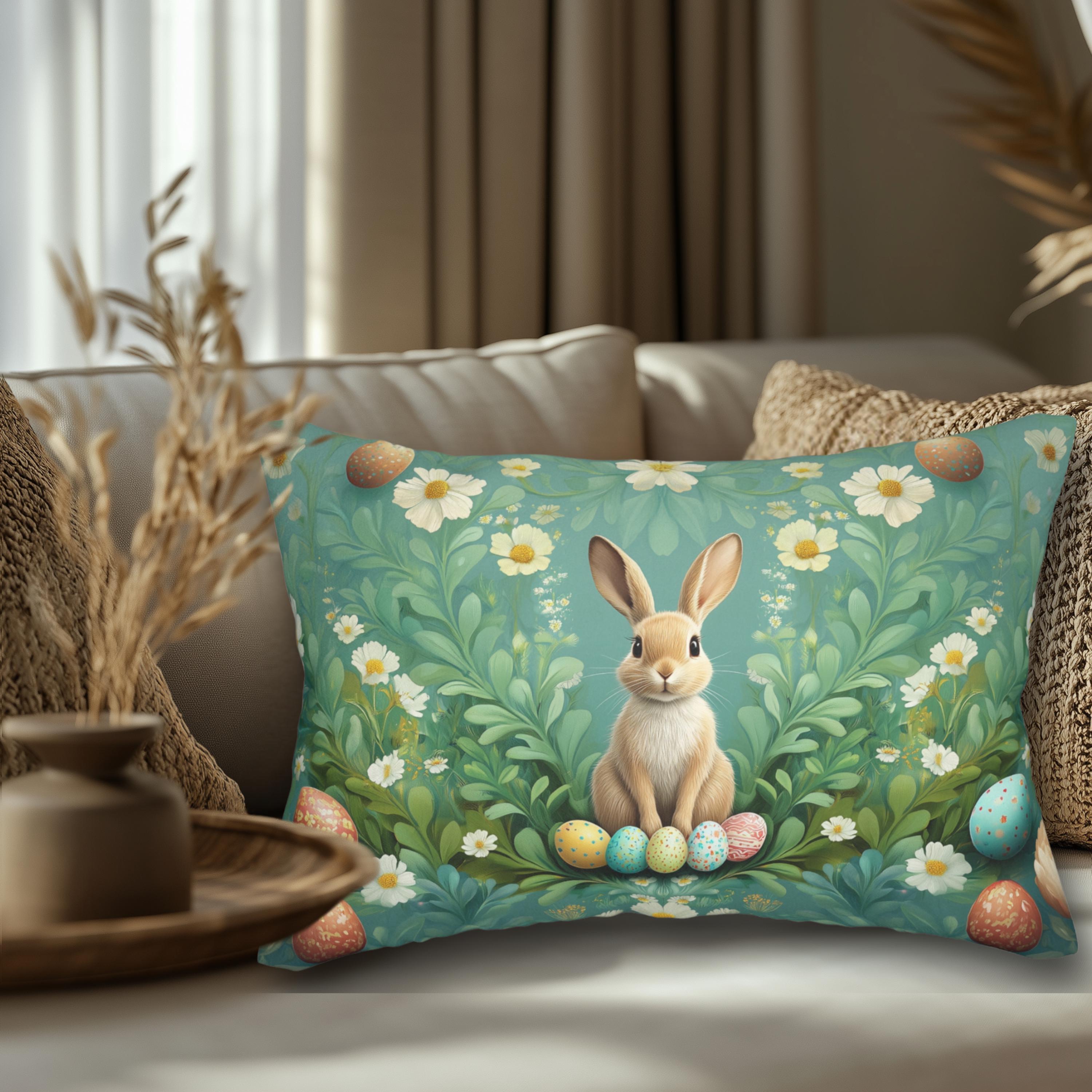 Easter Botanical Lumbar Pillow: William Morris Inspired Rabbit & Floral Art, Vintage Teal Spring Decor