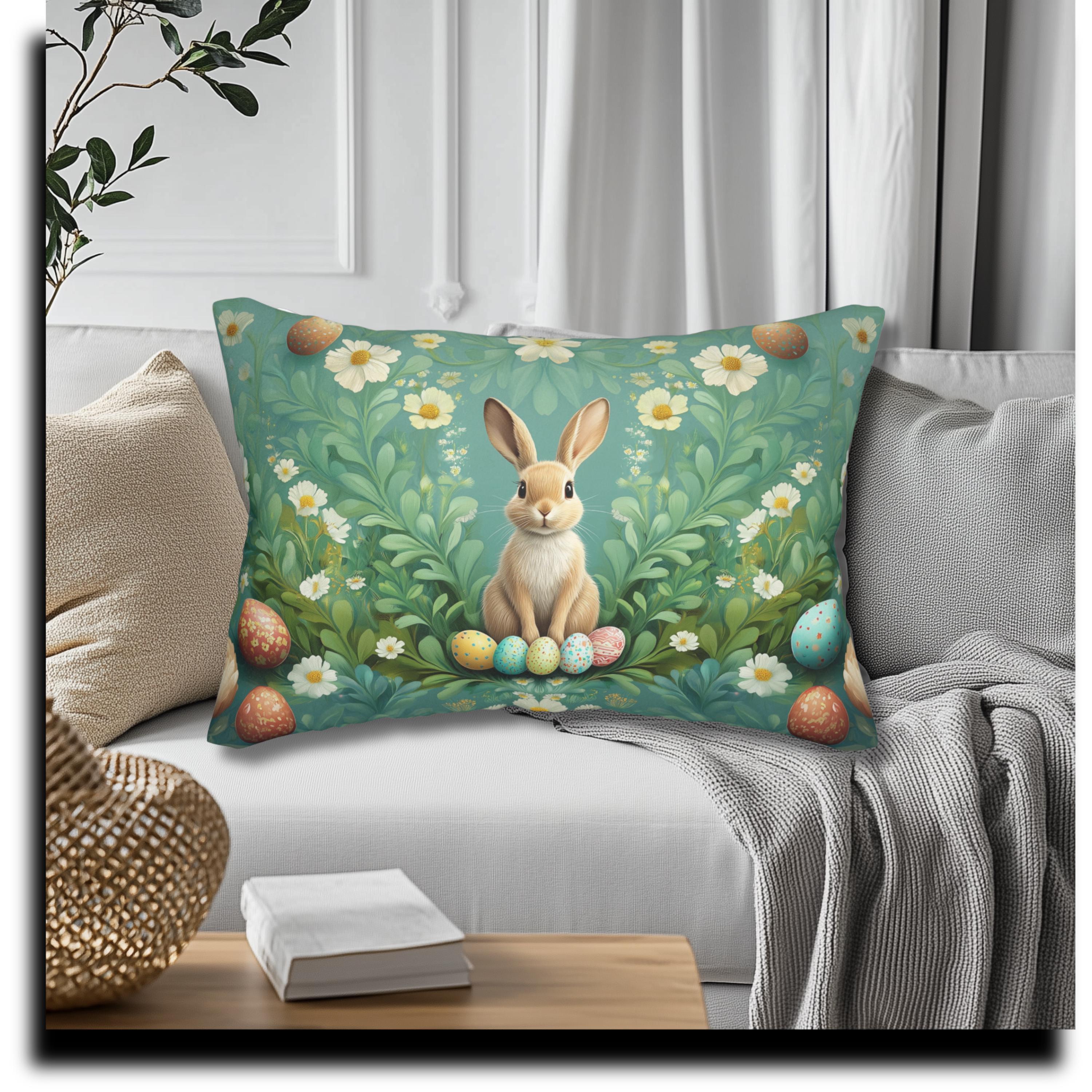 Easter Botanical Lumbar Pillow: William Morris Inspired Rabbit & Floral Art, Vintage Teal Spring Decor