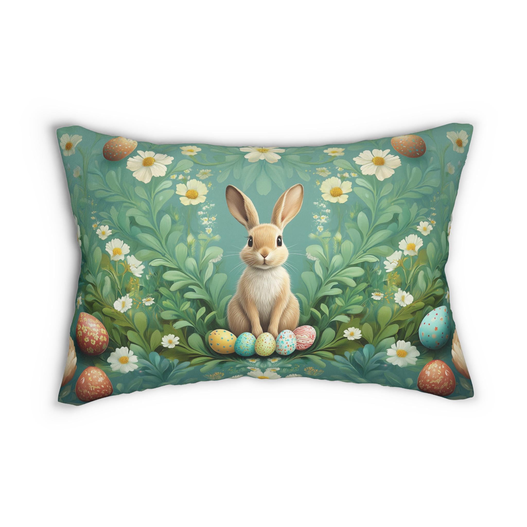 Easter Botanical Lumbar Pillow: William Morris Inspired Rabbit & Floral Art, Vintage Teal Spring Decor