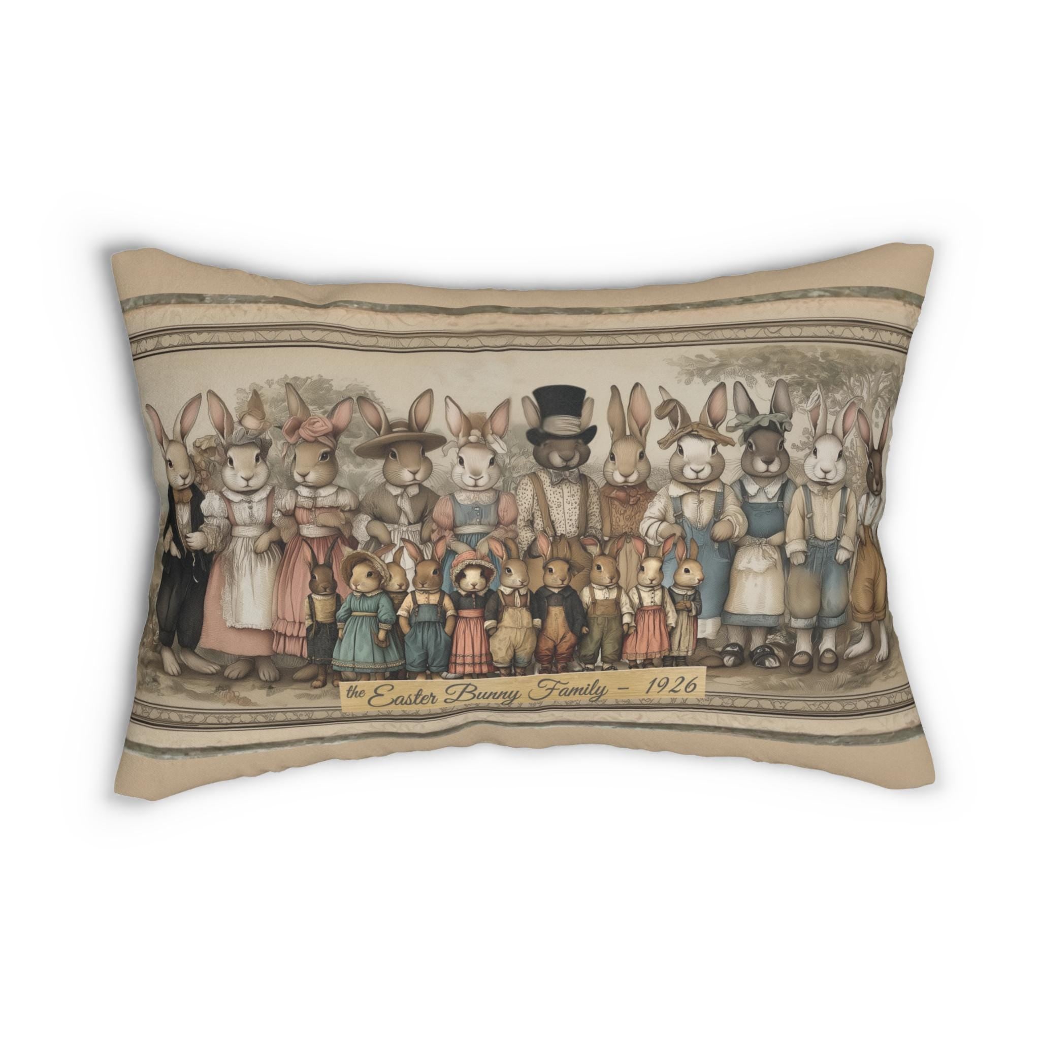Easter Bunny Family Portrait Lumbar Pillow: Illustrated 1920s Vintage Style Spring Decor