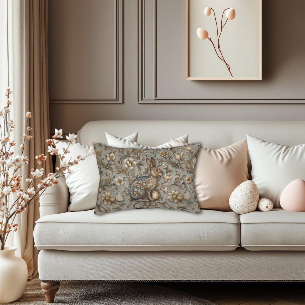 William Morris Chinoiserie Easter Hare Lumbar Pillow: Slate Blue & Taupe