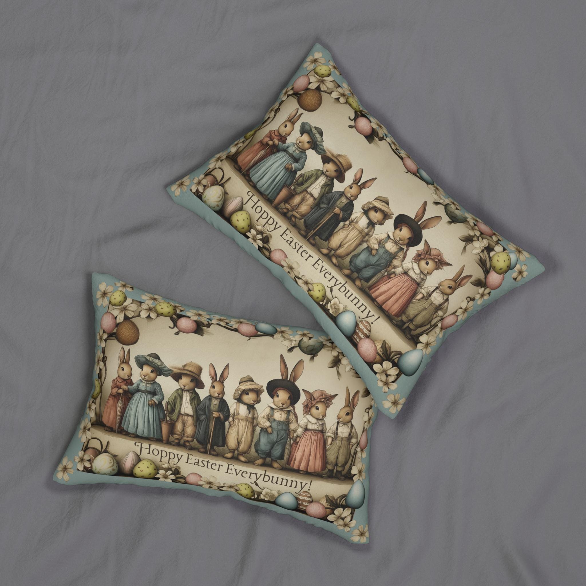 Easter Bunny Family Lumbar Pillow: Vintage 1920s Illustration Spring Decor