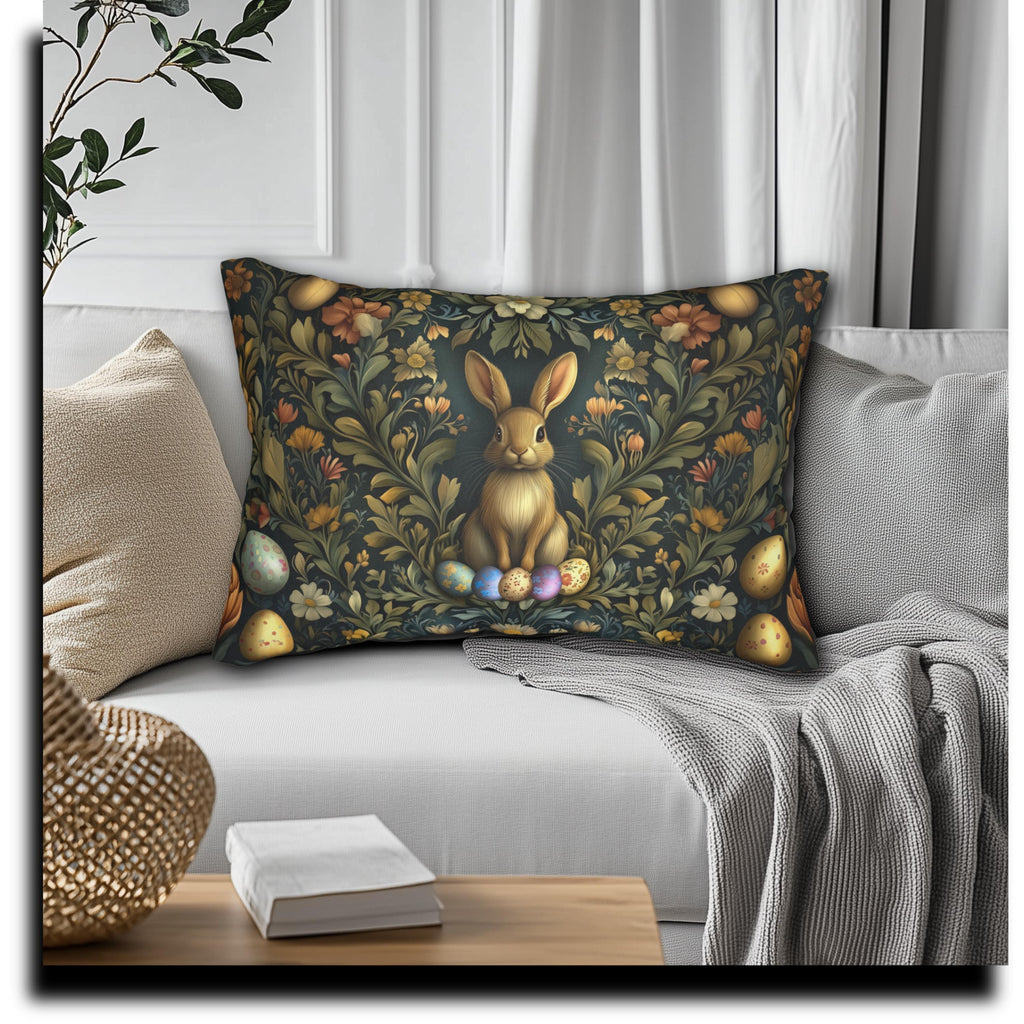 Elegant Easter Bunny Lumbar Pillow: William Morris-Inspired Tapestry Design for Spring Home Decor