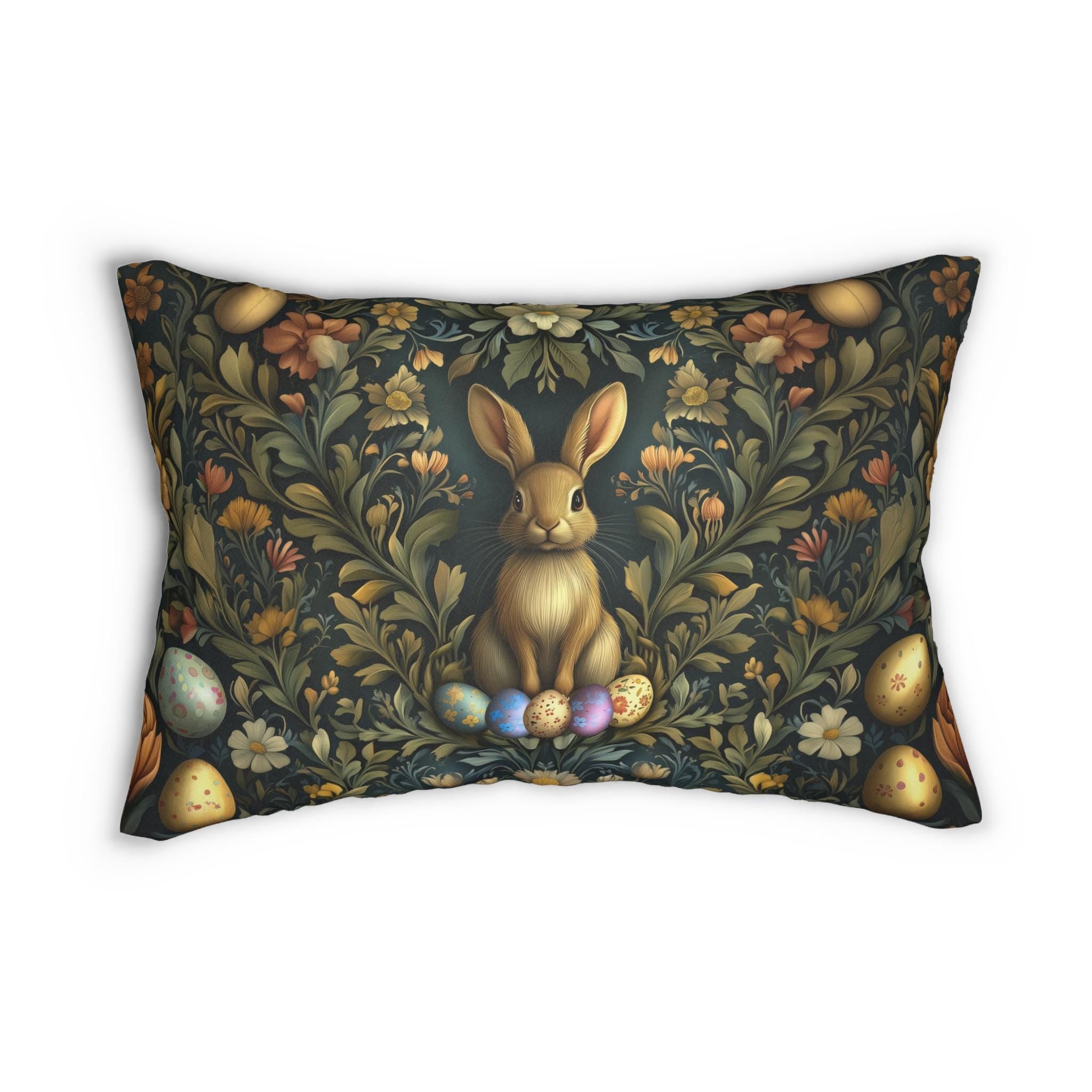 Elegant Easter Bunny Lumbar Pillow: William Morris-Inspired Tapestry Design for Spring Home Decor