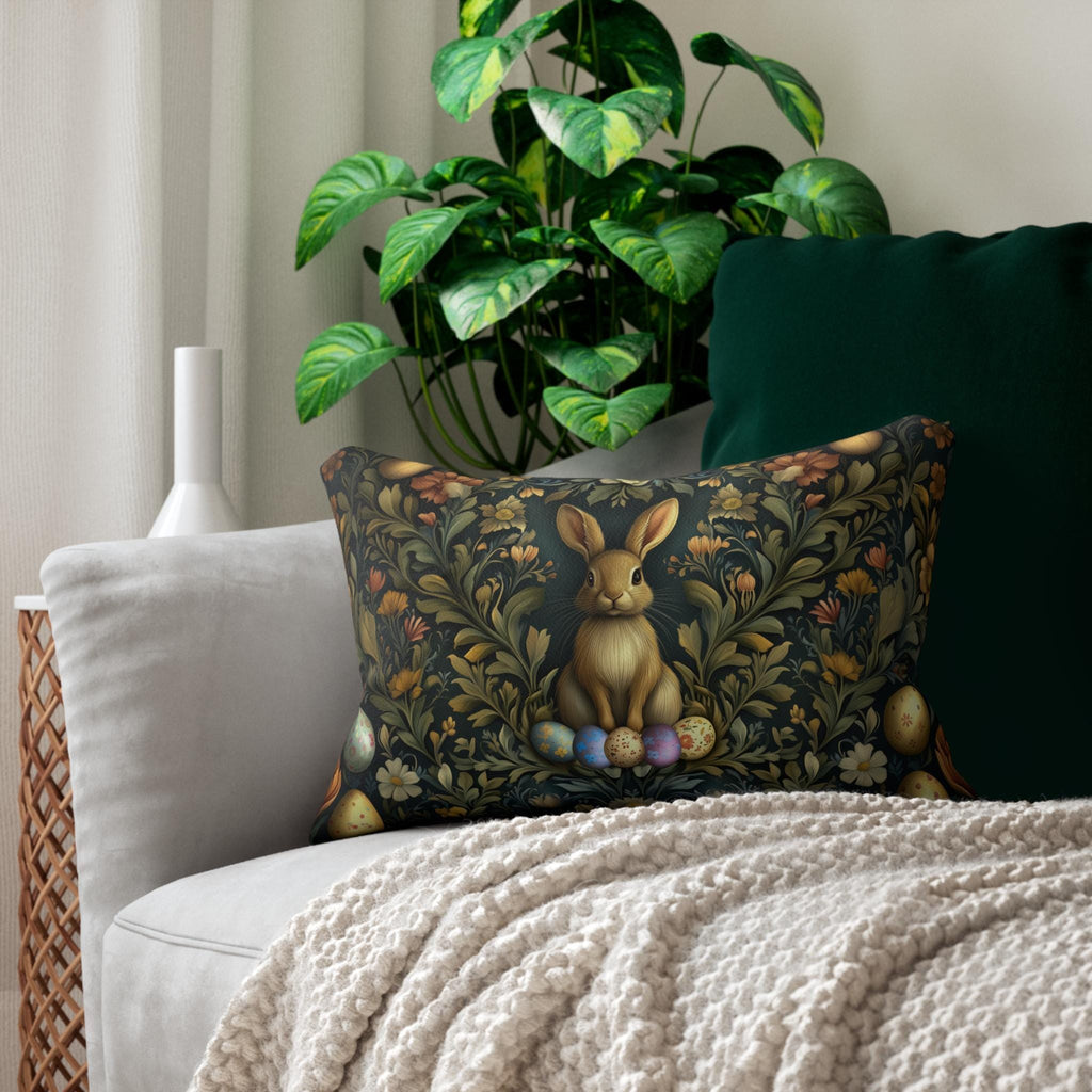 Elegant Easter Bunny Lumbar Pillow: William Morris-Inspired Tapestry Design for Spring Home Decor