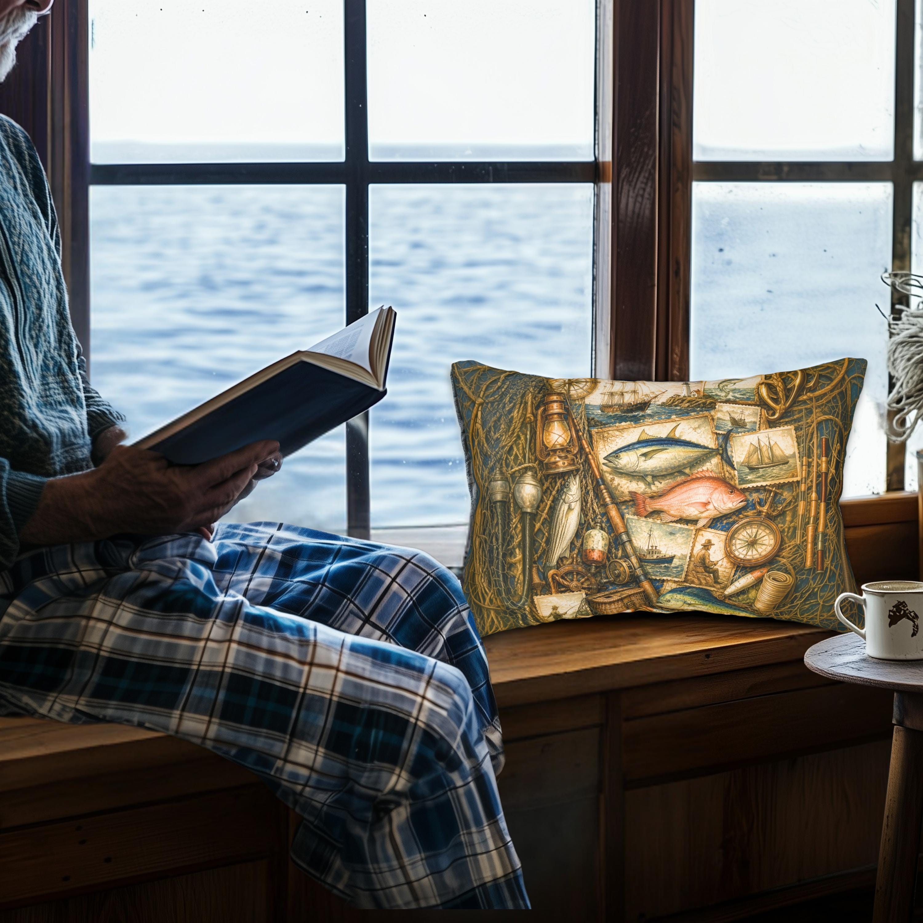 Rustic Fishing Lumbar Pillow: Vintage Style Nautical Lakehouse Accent