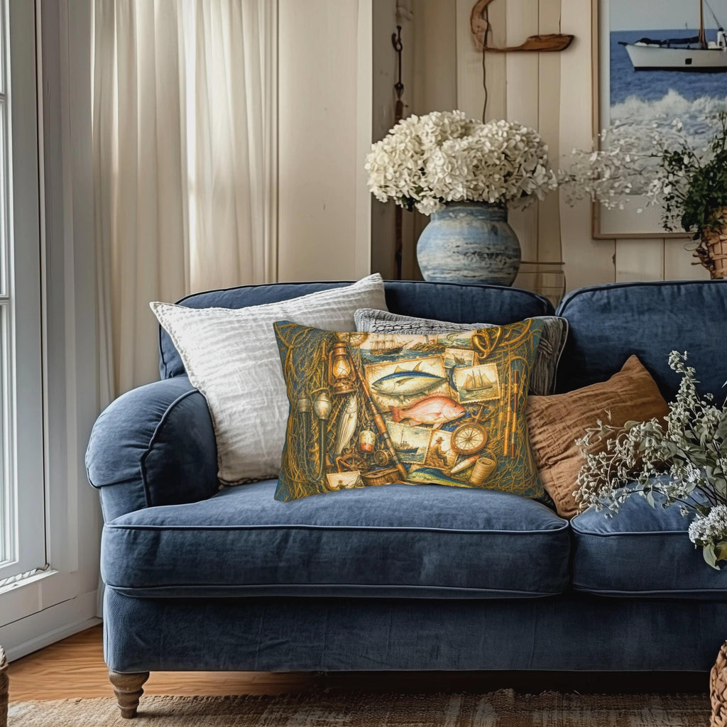Rustic Fishing Lumbar Pillow: Vintage Style Nautical Lakehouse Accent