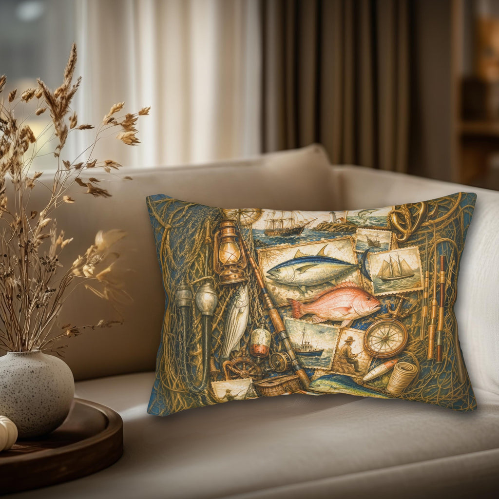 Rustic Fishing Lumbar Pillow: Vintage Style Nautical Lakehouse Accent