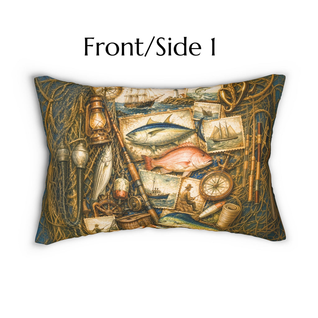 Rustic Fishing Lumbar Pillow: Vintage Style Nautical Lakehouse Accent
