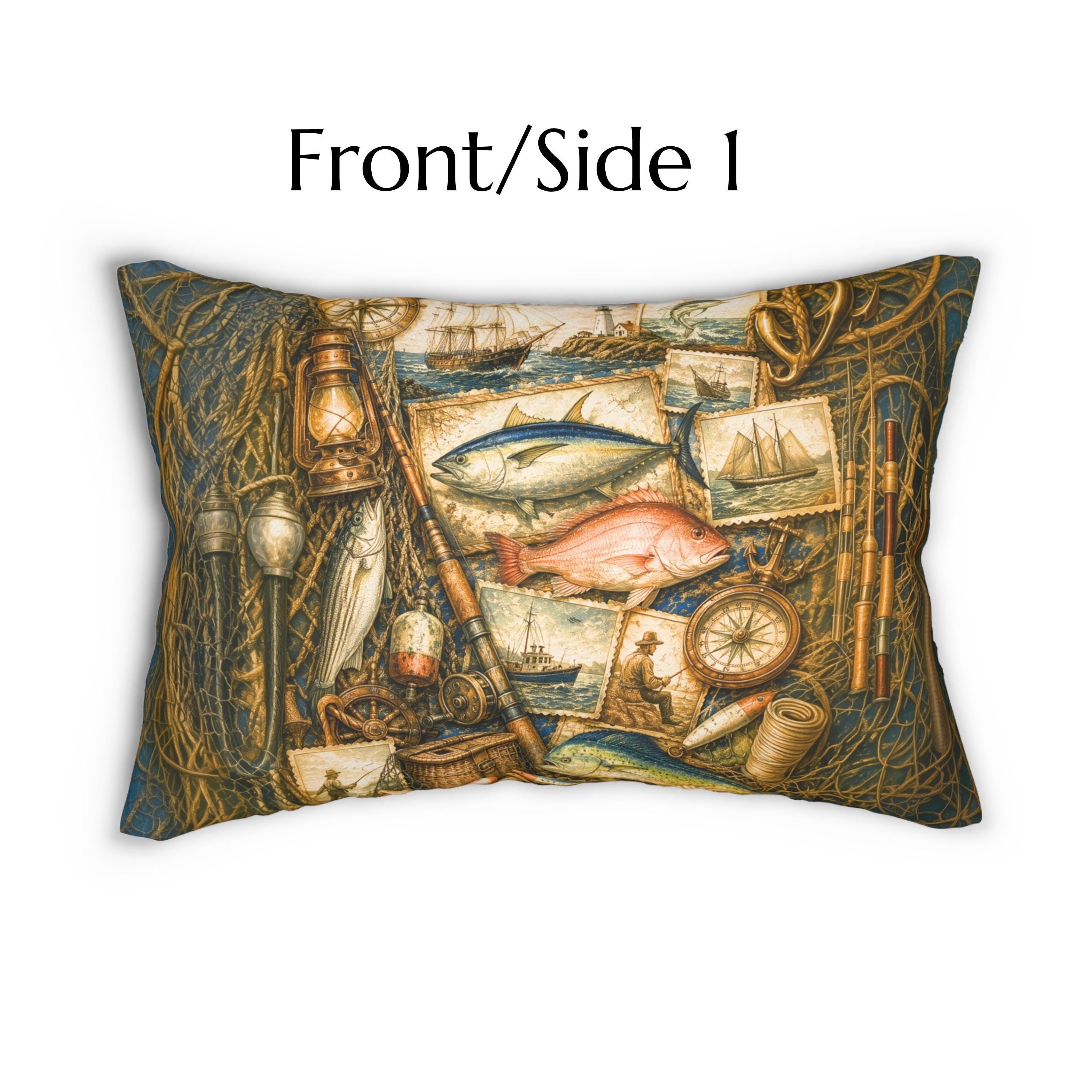 Rustic Fishing Lumbar Pillow: Vintage Style Nautical Lakehouse Accent