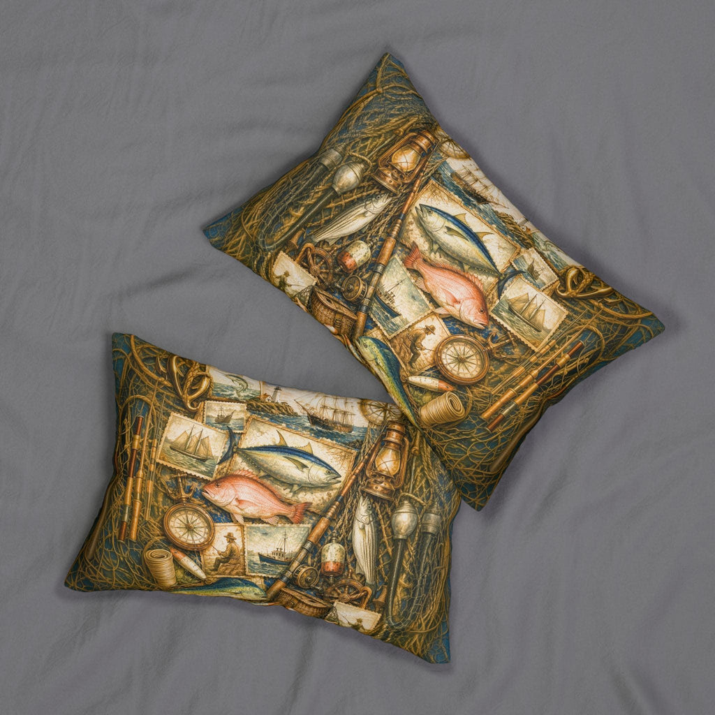 Rustic Fishing Lumbar Pillow: Vintage Style Nautical Lakehouse Accent