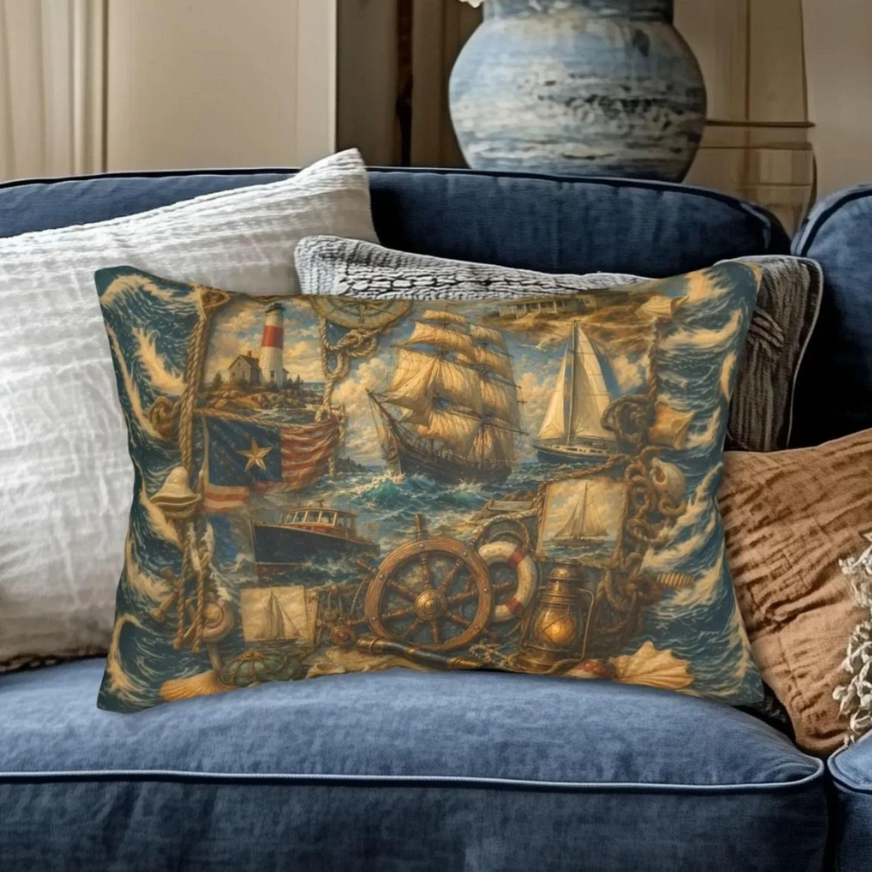 Maritime Lumbar Pillow: Vintage Style Nautical Theme for Lakehouse or Coastal Decor