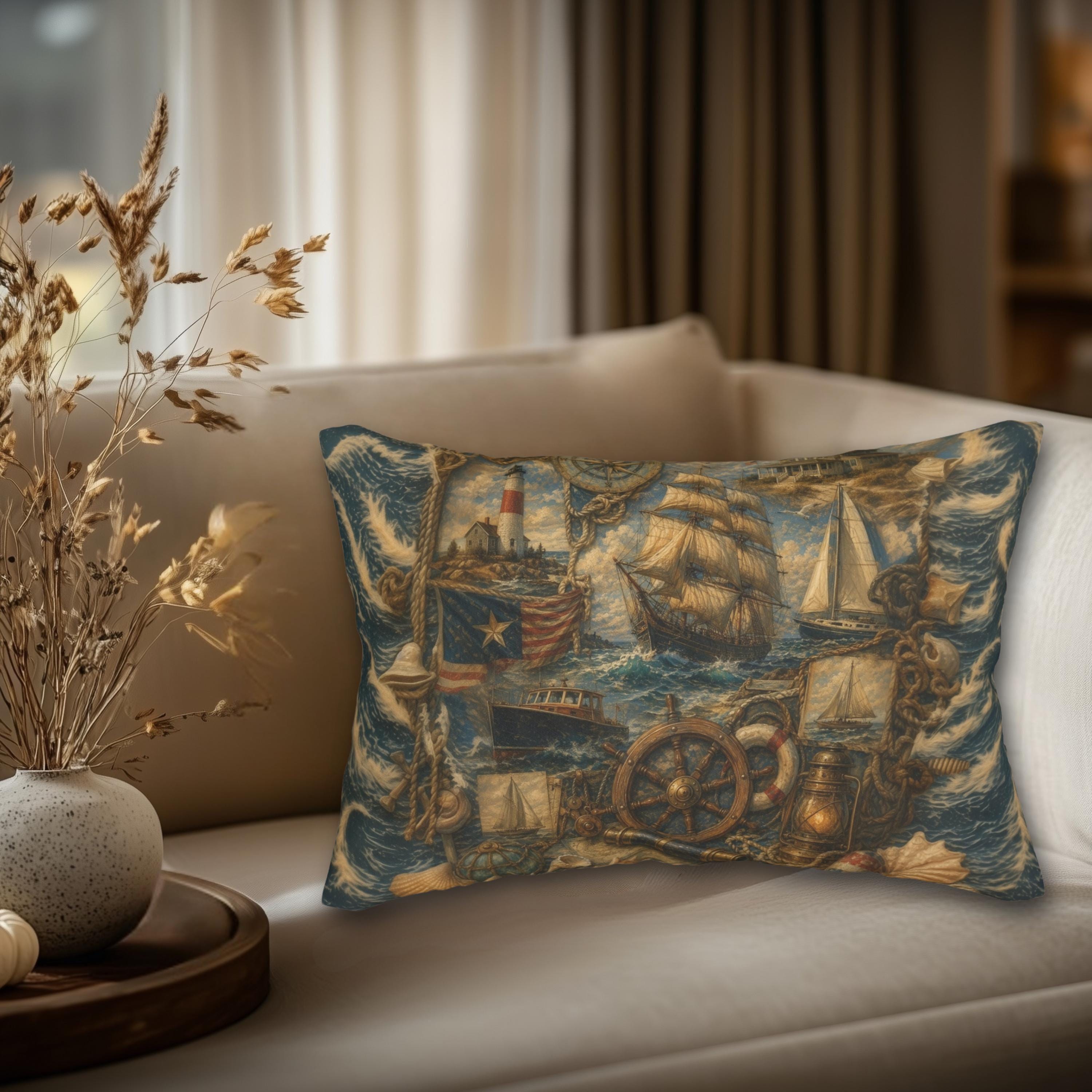 Maritime Lumbar Pillow: Vintage Style Nautical Theme for Lakehouse or Coastal Decor