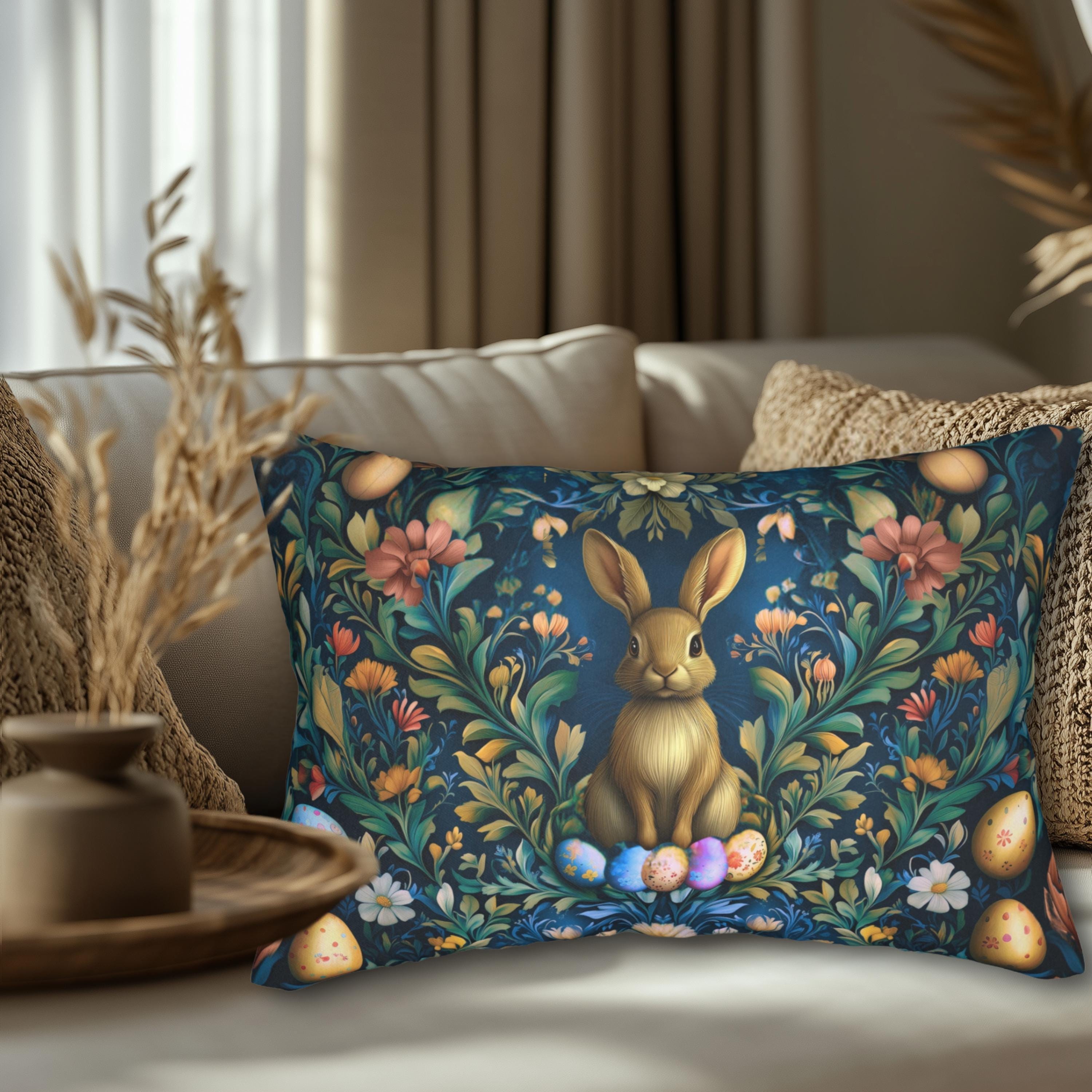 Easter Rabbit & Floral Botanical Lumbar Pillow: William Morris Inspired Vintage Spring Decor
