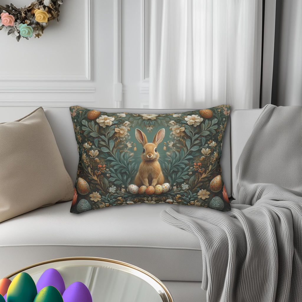 Forest Hare Easter Lumbar Pillow, William Morris Inspired Floral Botanical Art