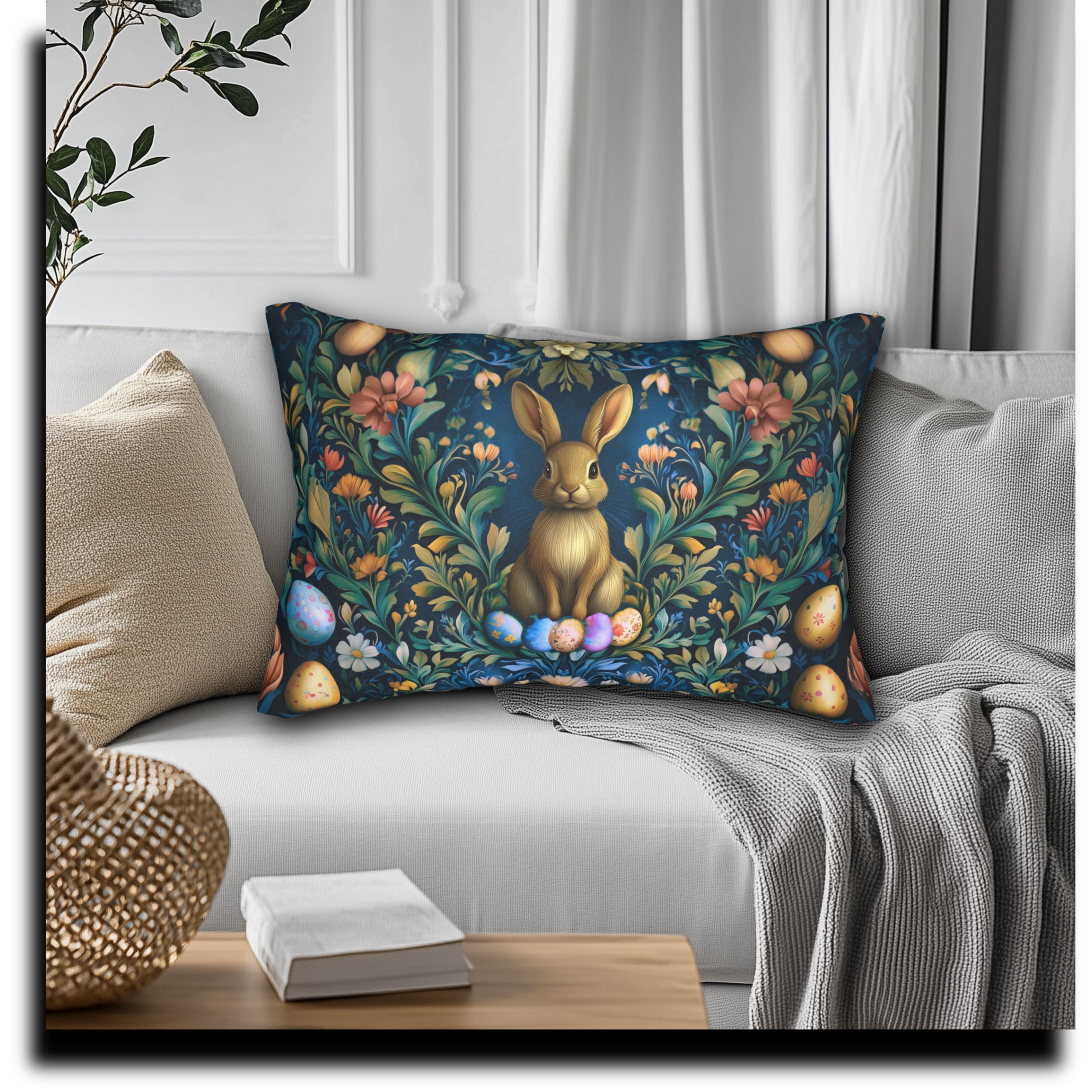Easter Rabbit & Floral Botanical Lumbar Pillow: William Morris Inspired Vintage Spring Decor