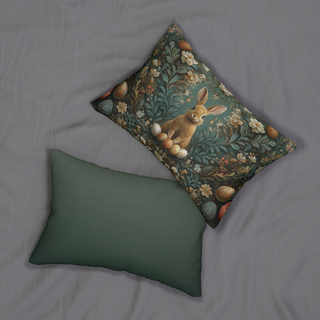 Forest Hare Easter Lumbar Pillow, William Morris Inspired Floral Botanical Art