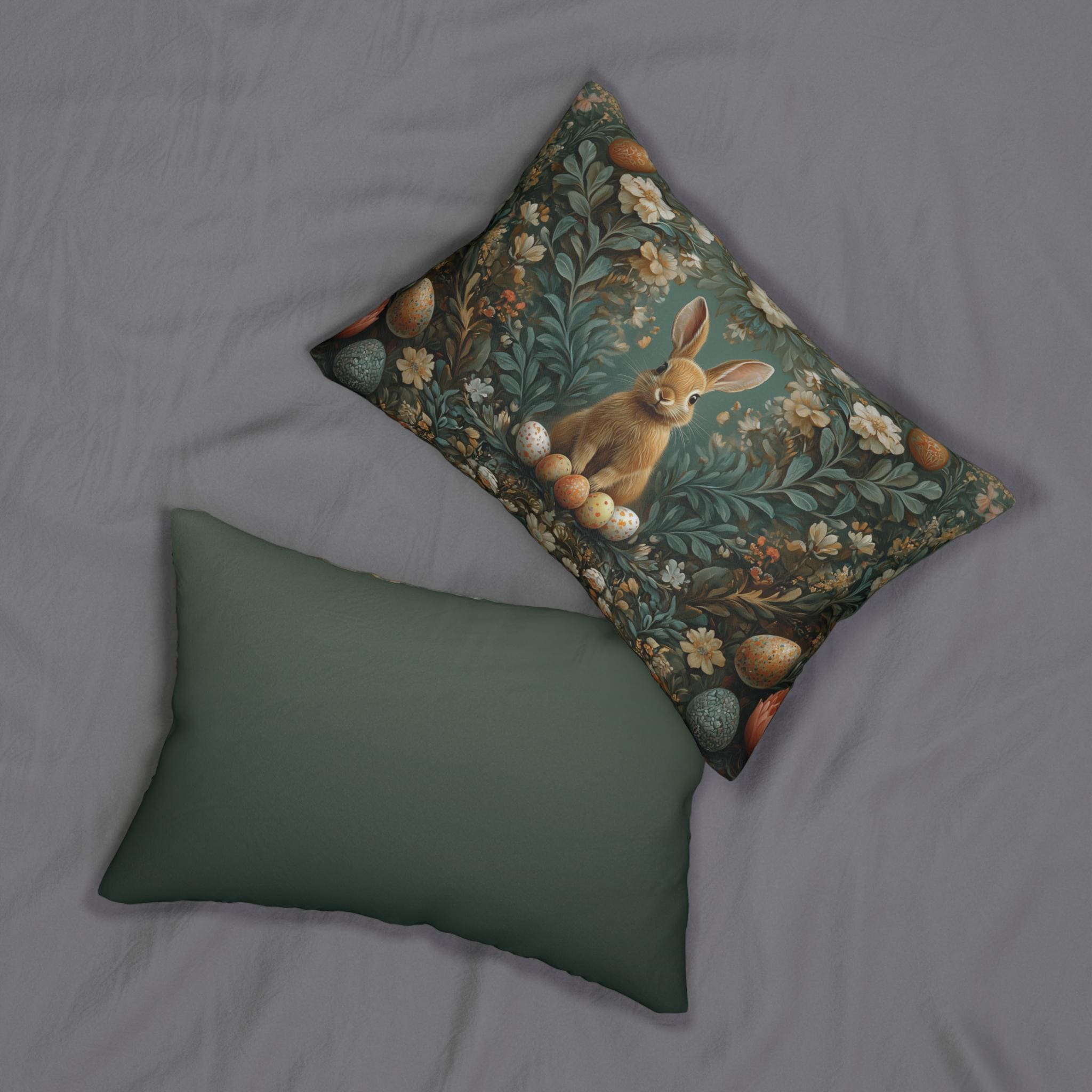 Forest Hare Easter Lumbar Pillow, William Morris Inspired Floral Botanical Art