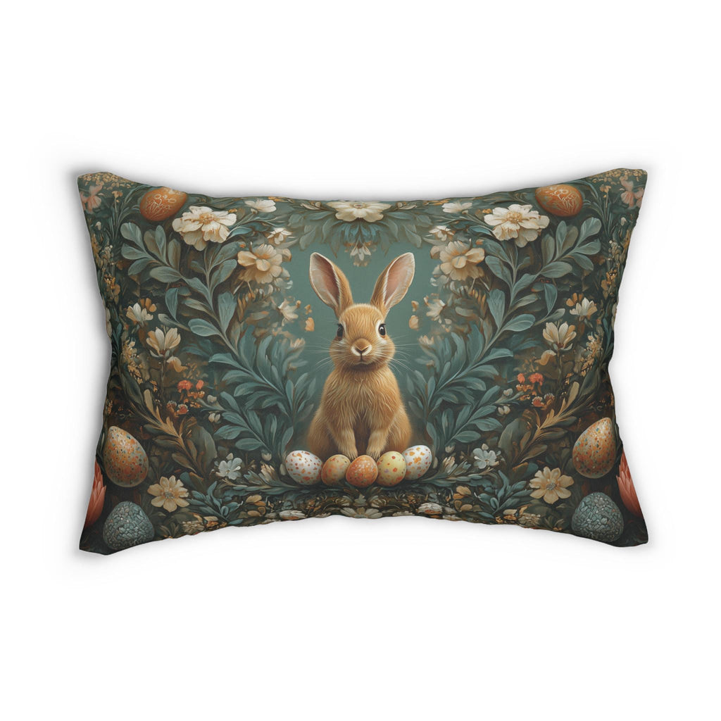 Forest Hare Easter Lumbar Pillow, William Morris Inspired Floral Botanical Art