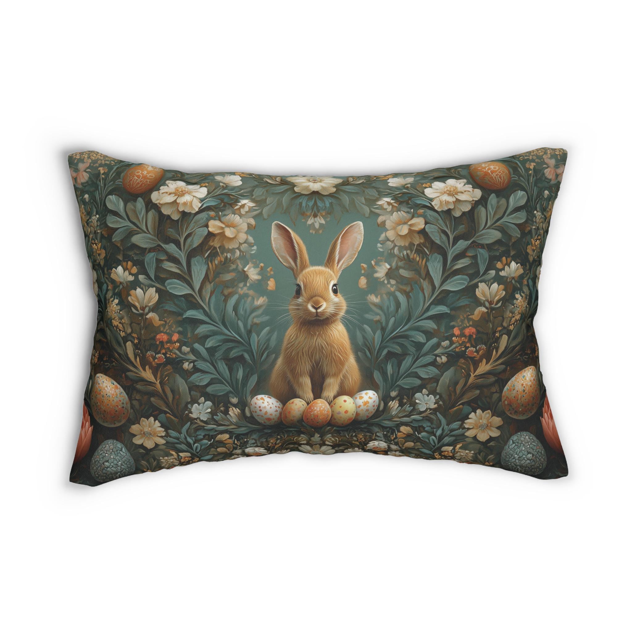 Forest Hare Easter Lumbar Pillow, William Morris Inspired Floral Botanical Art