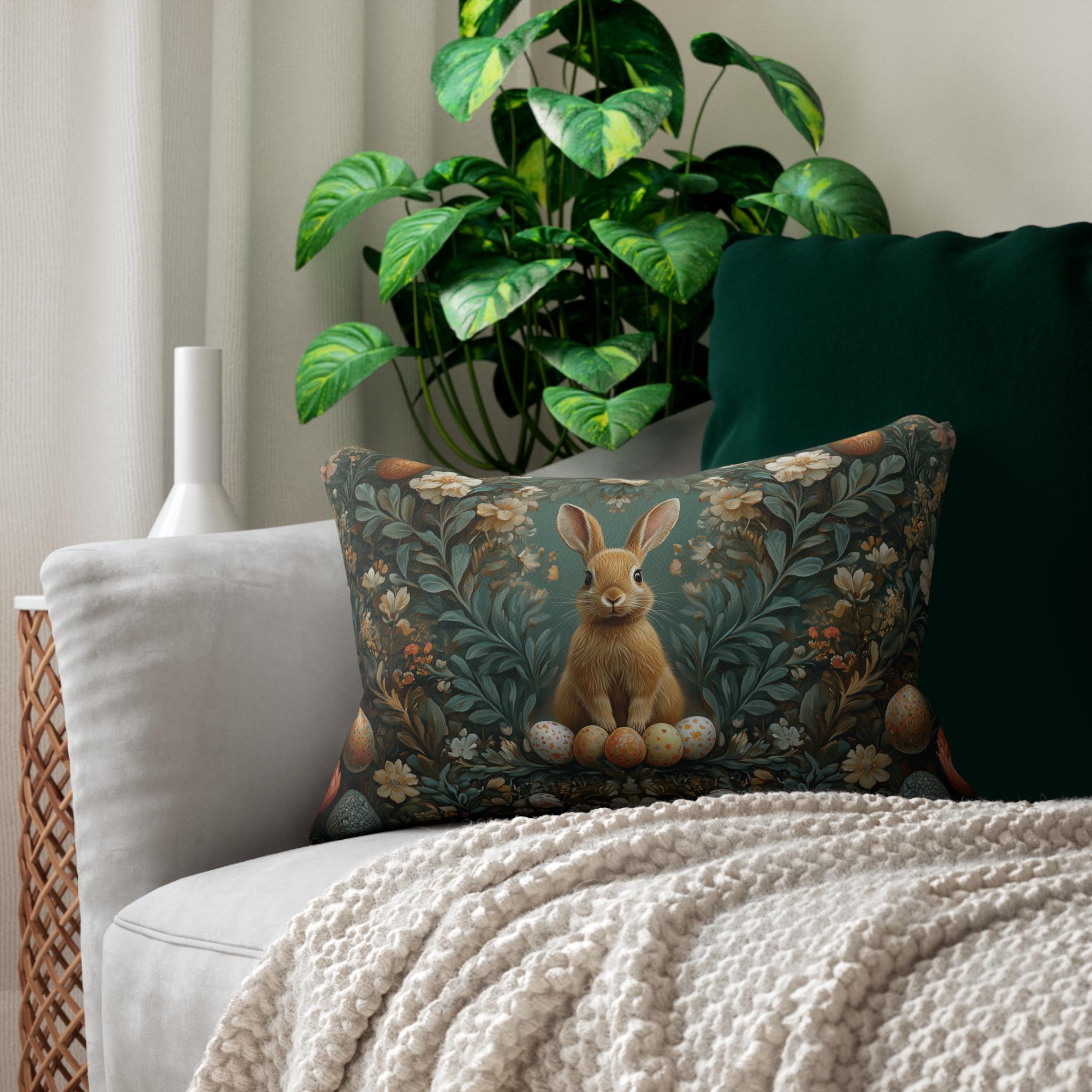 Forest Hare Easter Lumbar Pillow, William Morris Inspired Floral Botanical Art