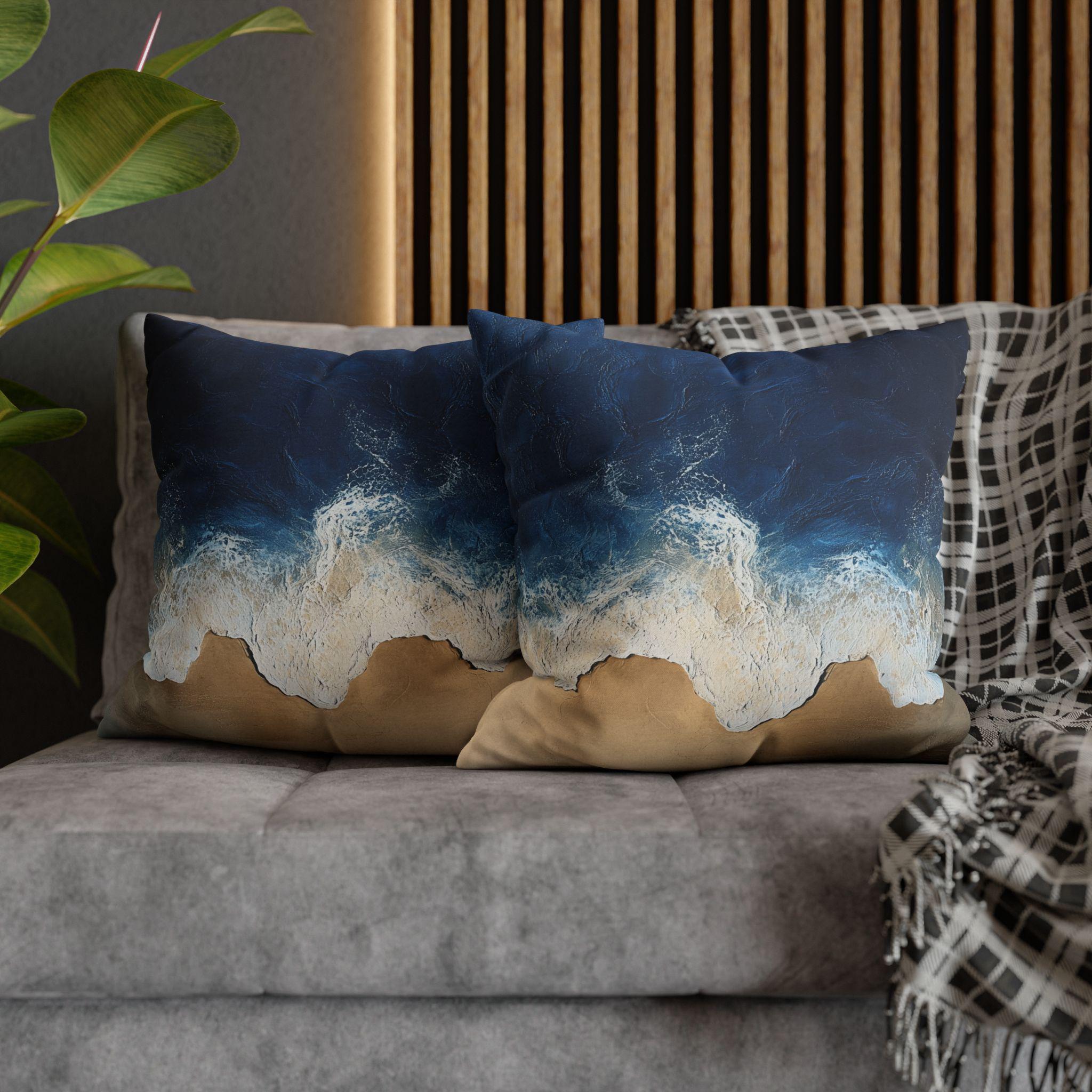Coastal Square Pillow Cover: Beach-Inspired Ocean Blue & Sandy Beige Decor for Seaside Home Living