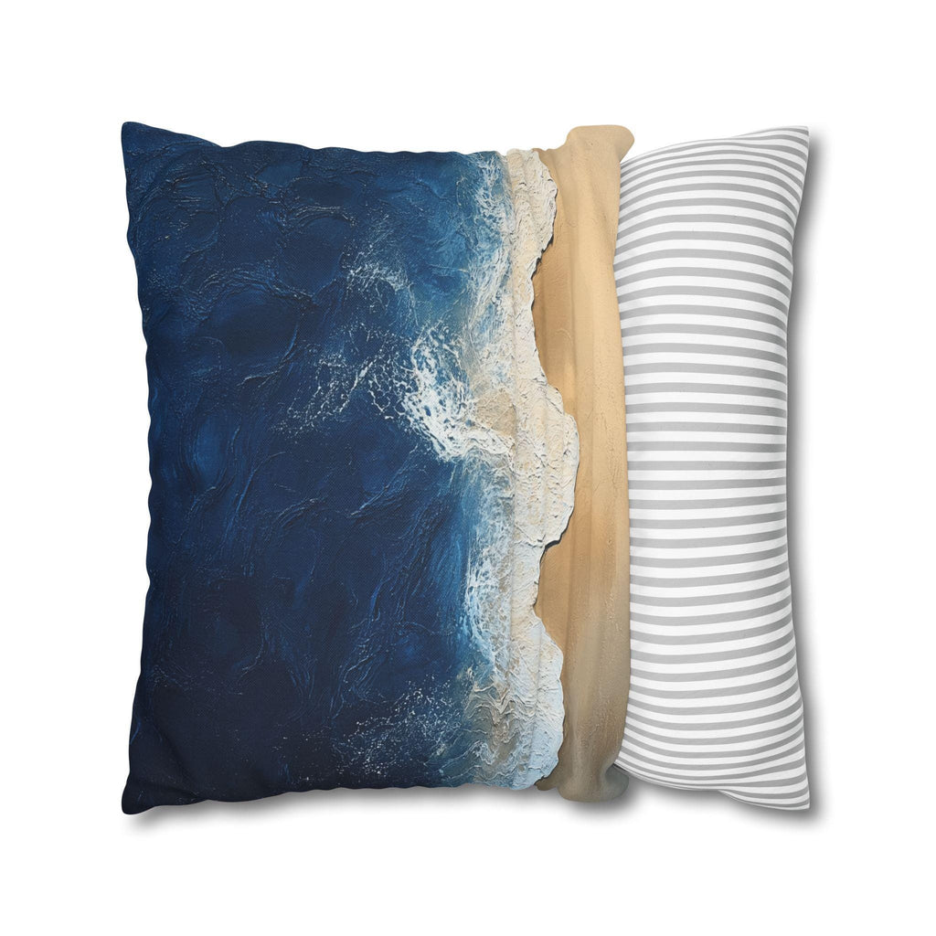 Coastal Square Pillow Cover: Beach-Inspired Ocean Blue & Sandy Beige Decor for Seaside Home Living