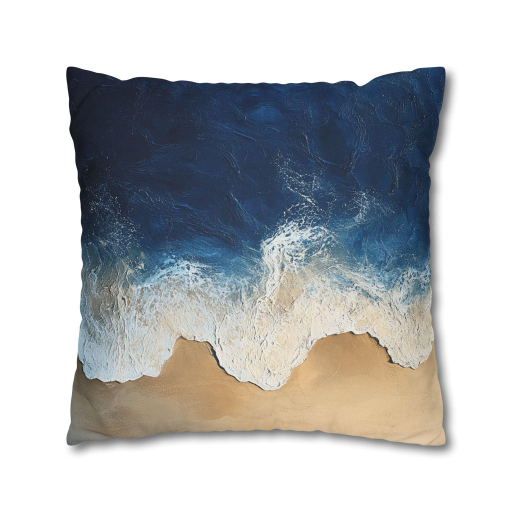 Coastal Square Pillow Cover: Beach-Inspired Ocean Blue & Sandy Beige Decor for Seaside Home Living