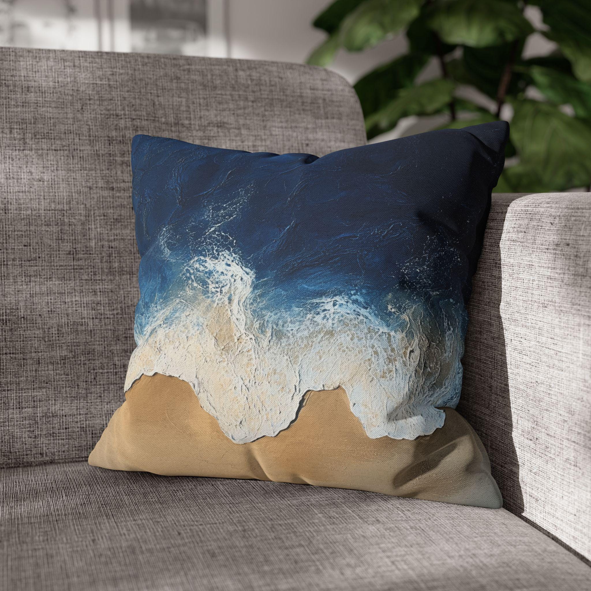 Coastal Square Pillow Cover: Beach-Inspired Ocean Blue & Sandy Beige Decor for Seaside Home Living