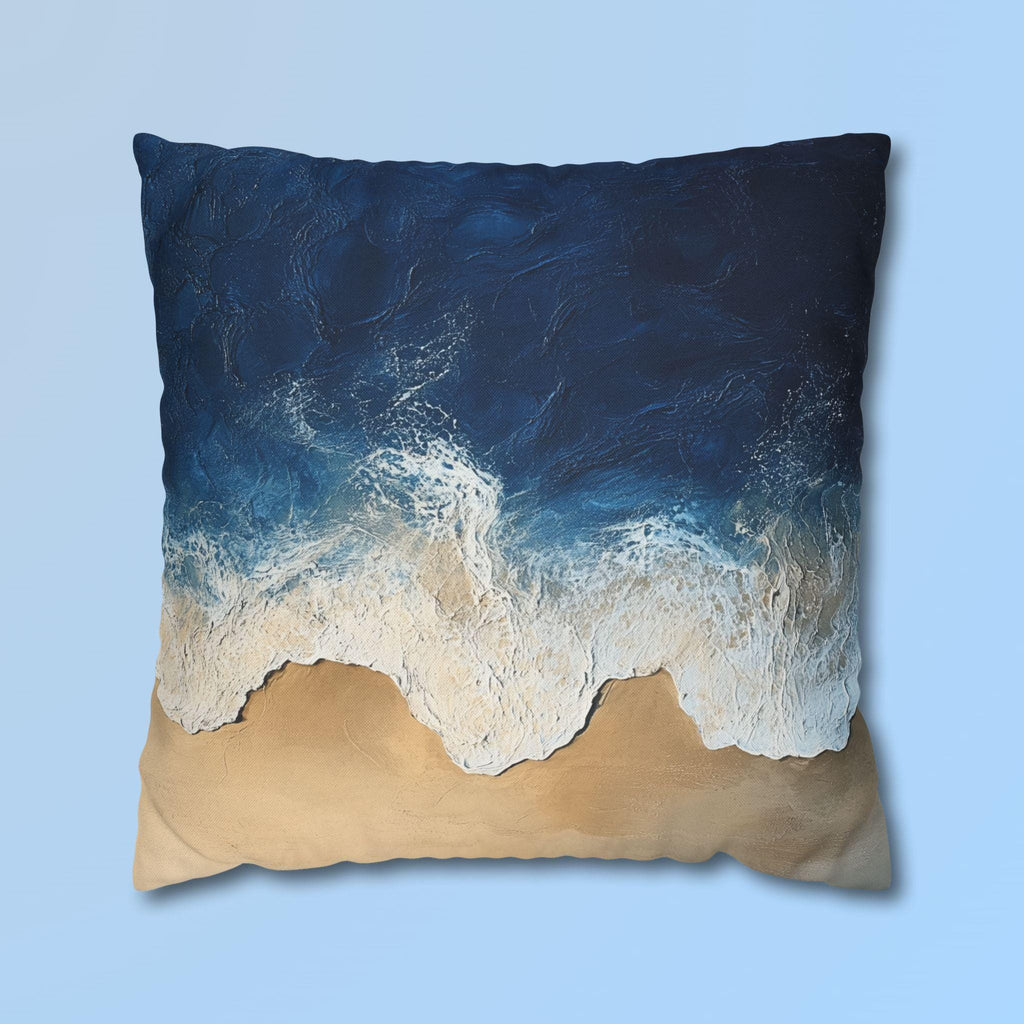 Coastal Square Pillow Cover: Beach-Inspired Ocean Blue & Sandy Beige Decor for Seaside Home Living