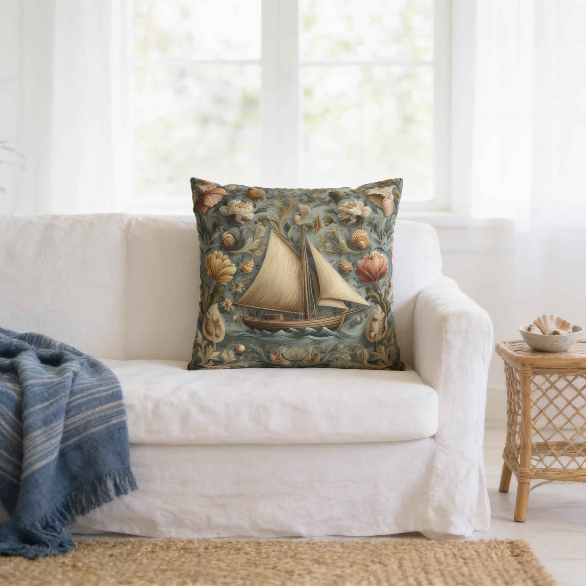 William Morris Inspired Coastal Sailboat Floral Pillow Cover in Ocean Blue and Sand Tones