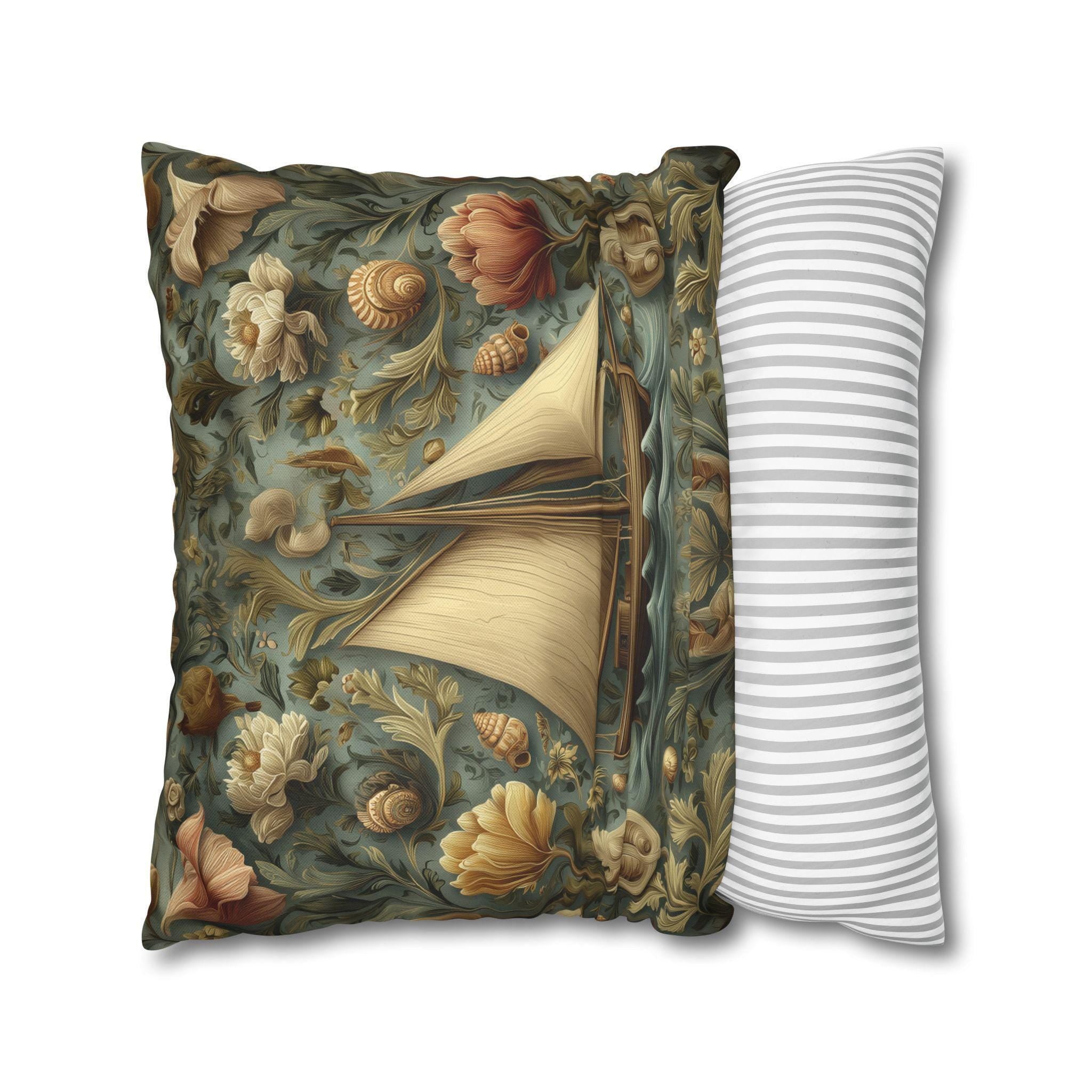 William Morris Inspired Coastal Sailboat Floral Pillow Cover in Ocean Blue and Sand Tones
