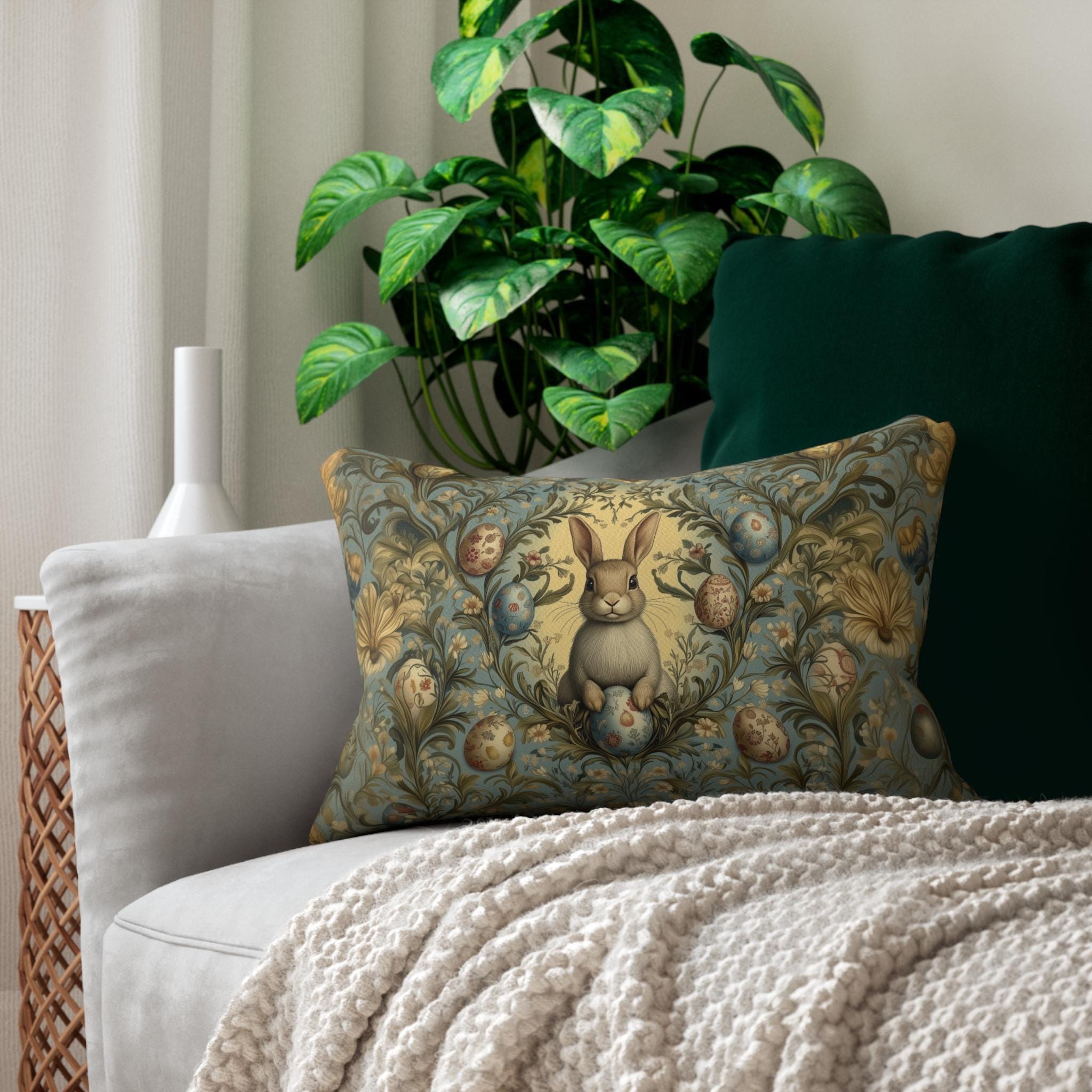 William Morris Easter Bunny Lumbar Pillow: Daisies & Vintage Eggs