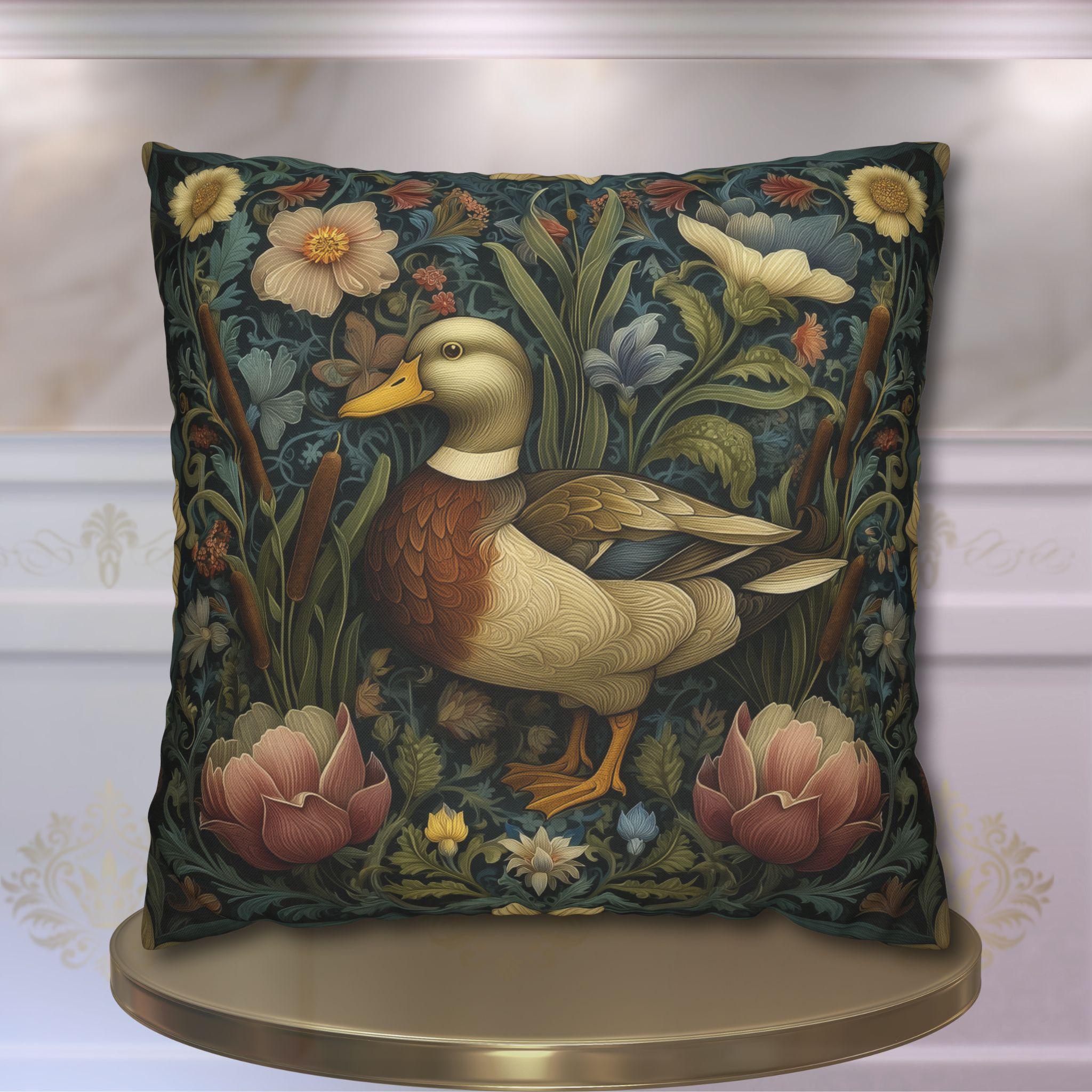 Mallard Duck Pillow Cover: William Morris Inspired Dark Floral Coastal Cushion for Cottagecore Charm