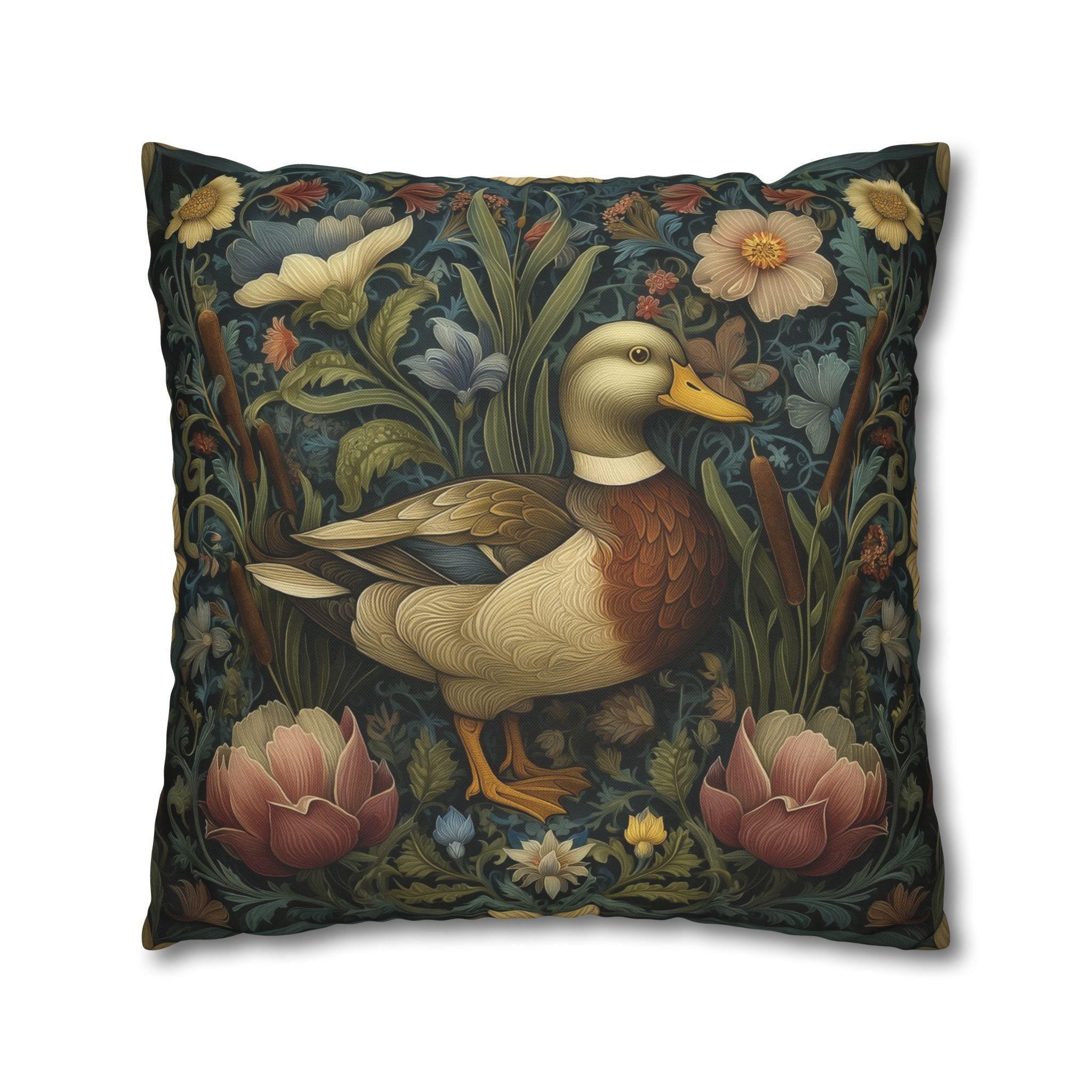 Mallard Duck Pillow Cover: William Morris Inspired Dark Floral Coastal Cushion for Cottagecore Charm