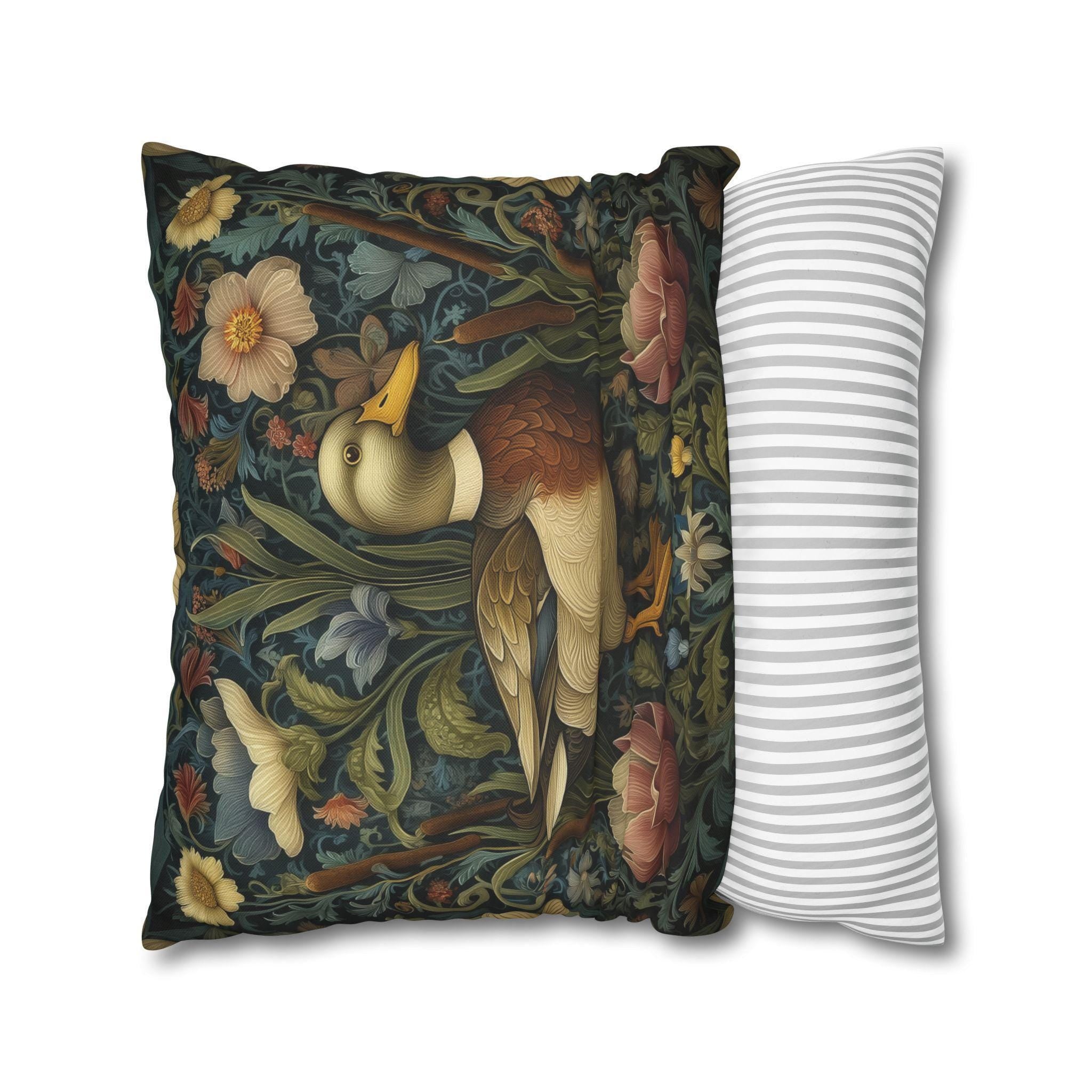 Mallard Duck Pillow Cover: William Morris Inspired Dark Floral Coastal Cushion for Cottagecore Charm