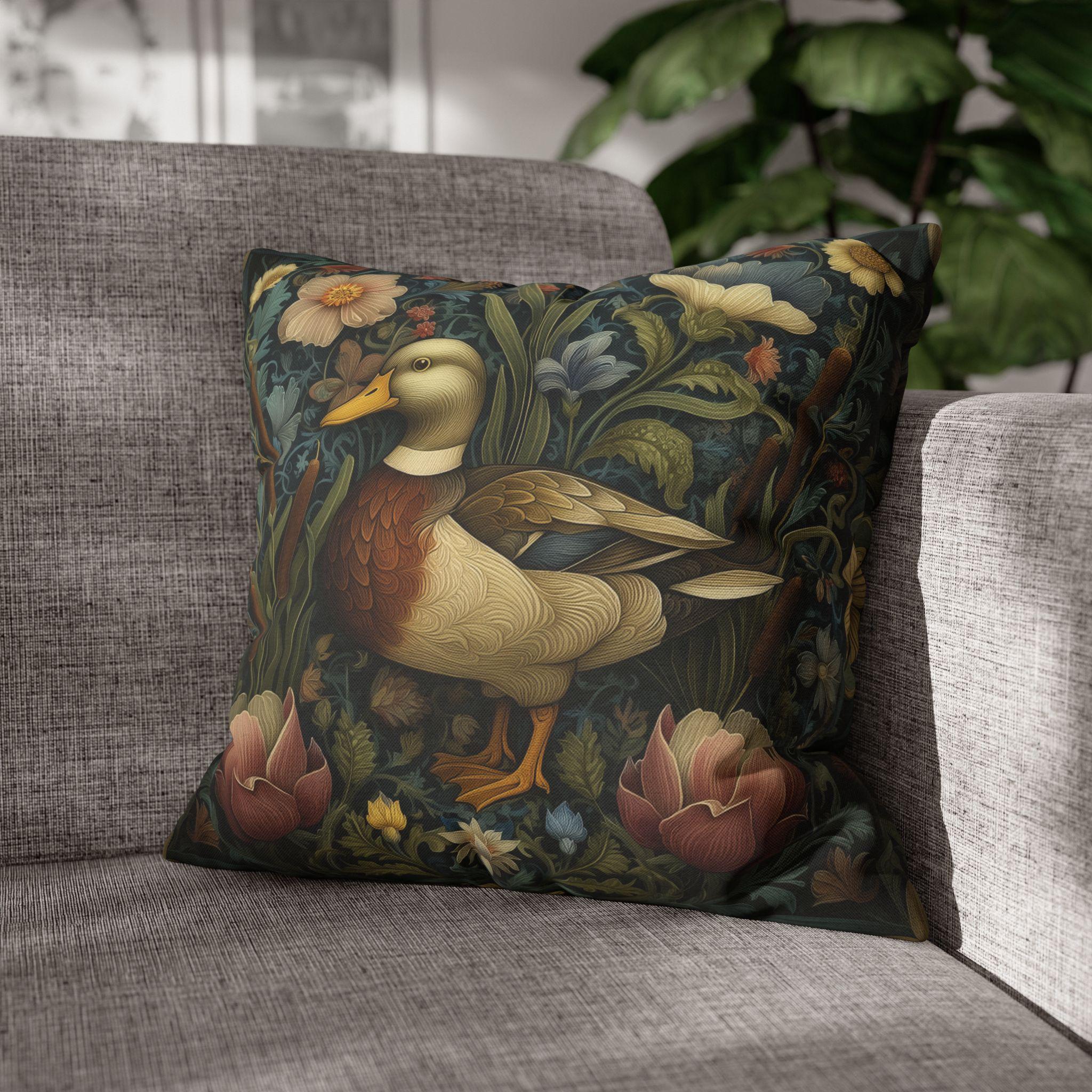Mallard Duck Pillow Cover: William Morris Inspired Dark Floral Coastal Cushion for Cottagecore Charm
