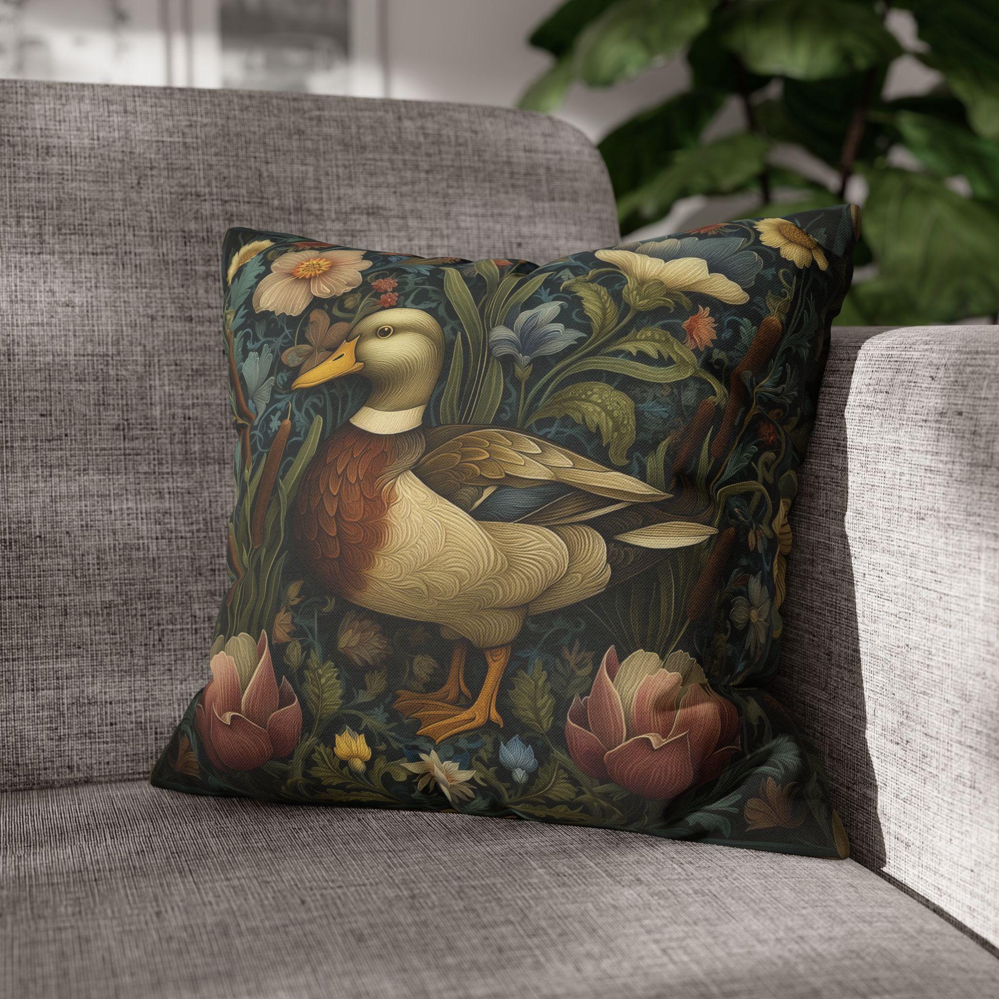 Mallard Duck Pillow Cover: William Morris Inspired Dark Floral Coastal Cushion for Cottagecore Charm