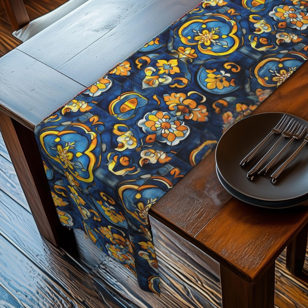 Mediterranean Table Runner: Inspired by Riviera Coastal Tile Aesthetics