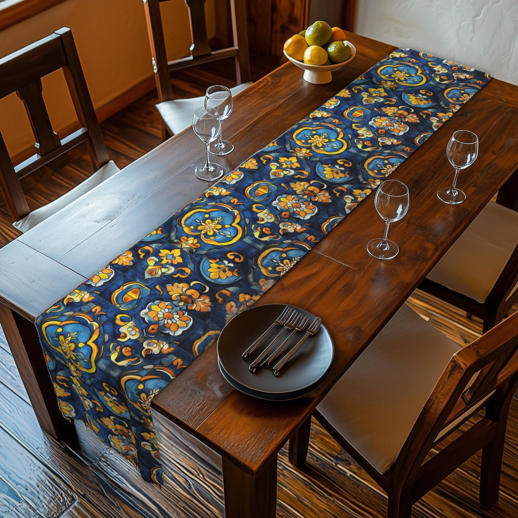 Mediterranean Table Runner: Inspired by Riviera Coastal Tile Aesthetics