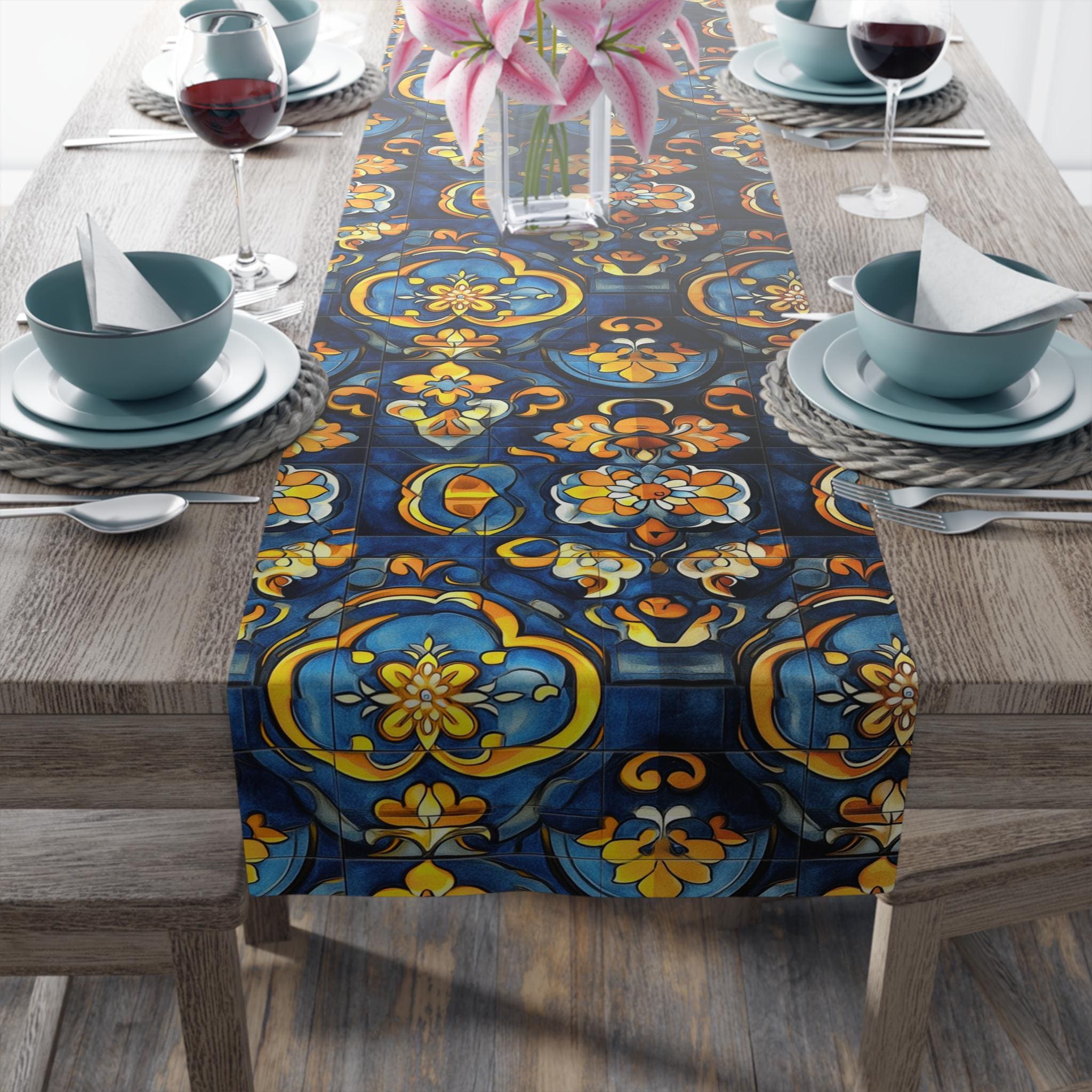Mediterranean Table Runner: Inspired by Riviera Coastal Tile Aesthetics