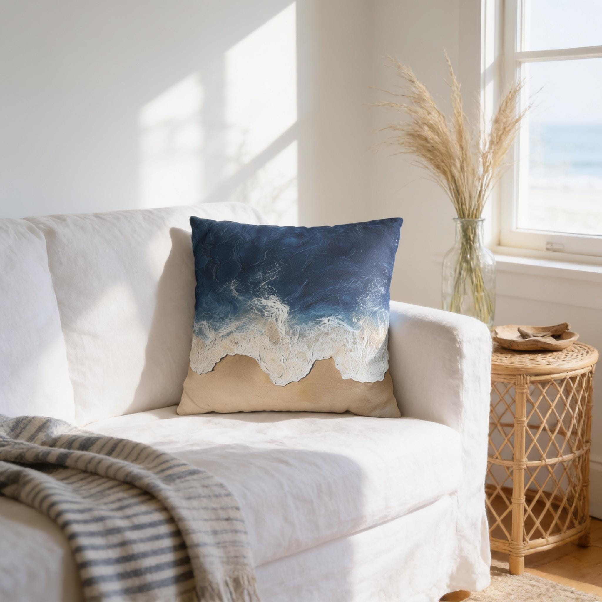 Coastal Square Pillow Cover: Beach-Inspired Ocean Blue & Sandy Beige Decor for Seaside Home Living