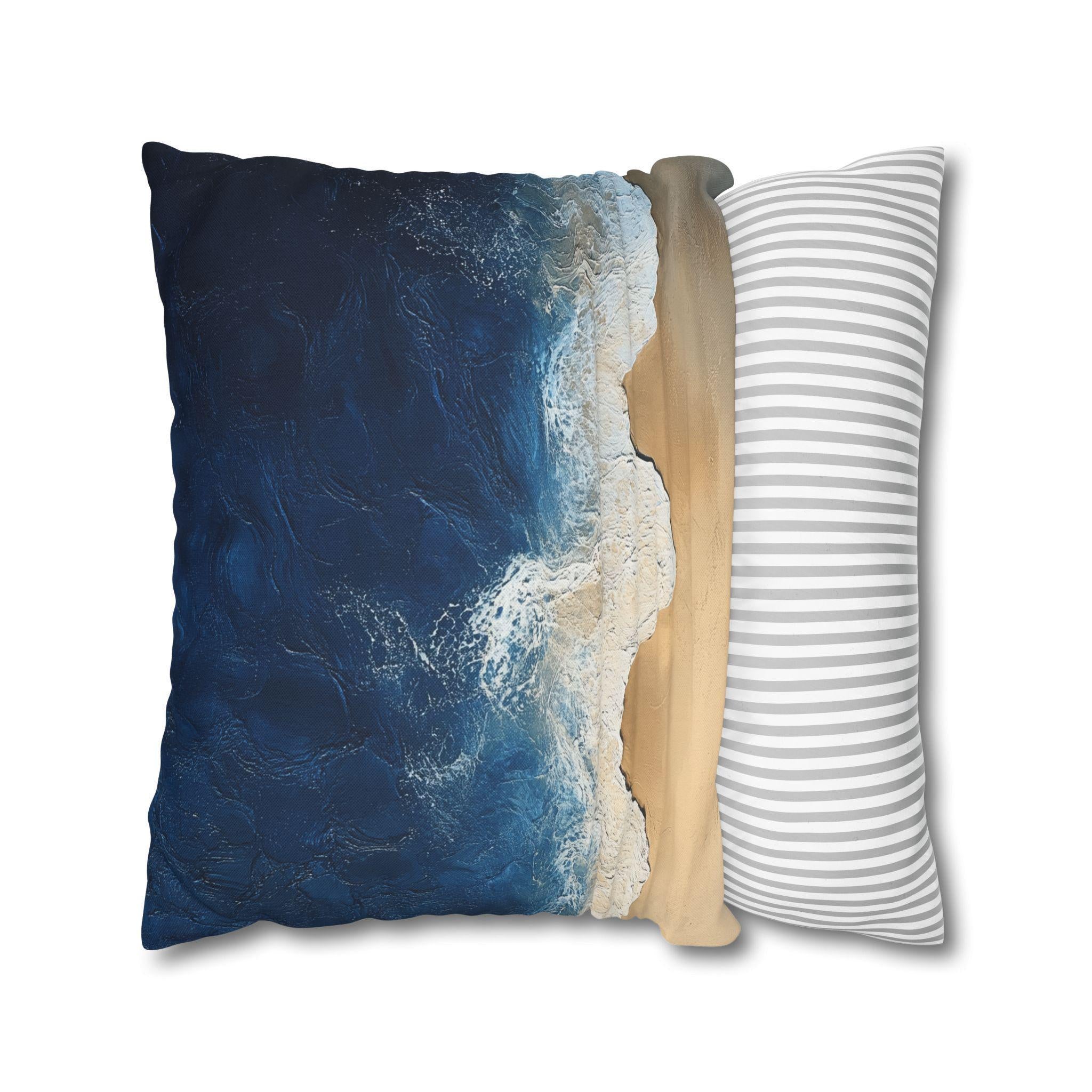 Coastal Square Pillow Cover: Beach-Inspired Ocean Blue & Sandy Beige Decor for Seaside Home Living