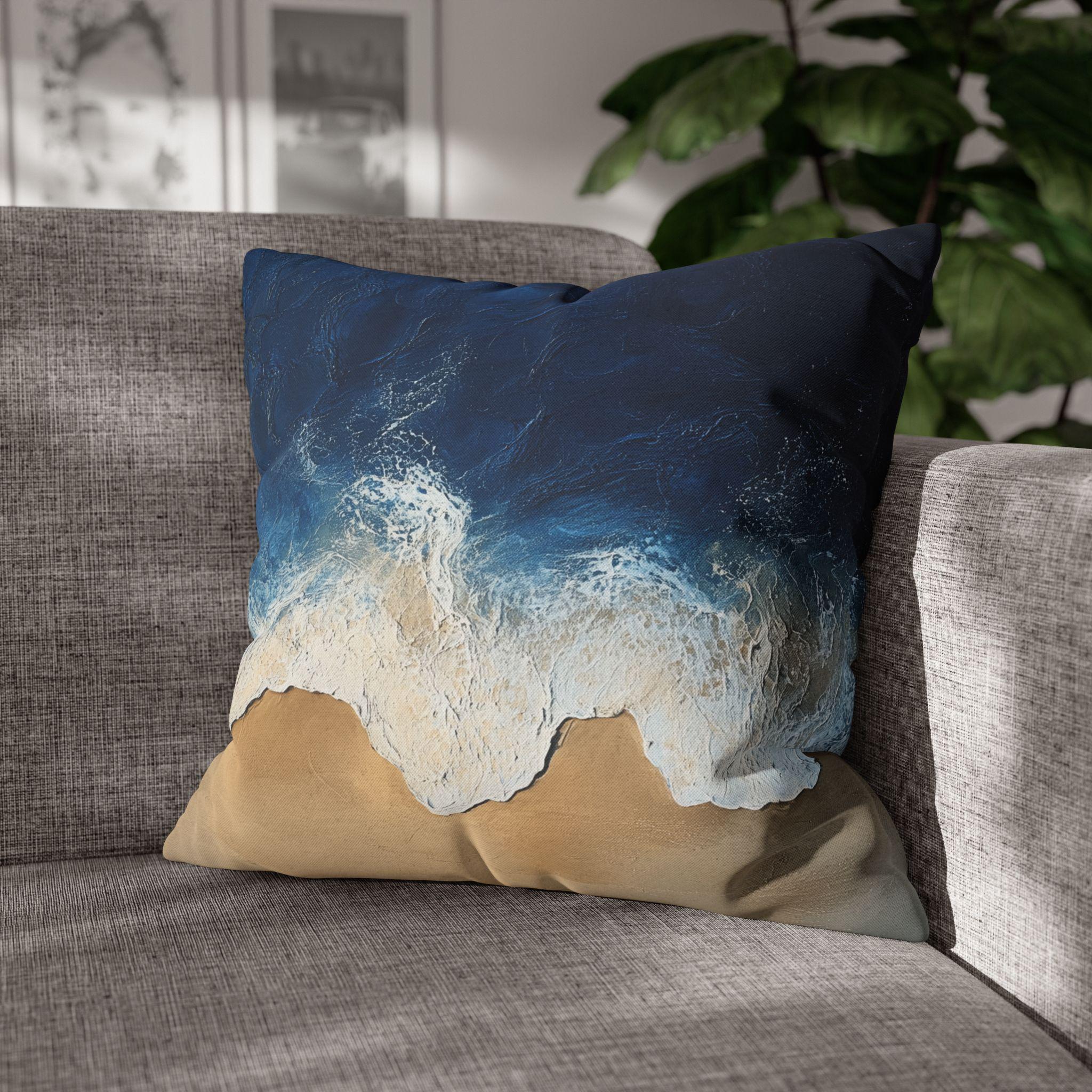 Coastal Square Pillow Cover: Beach-Inspired Ocean Blue & Sandy Beige Decor for Seaside Home Living