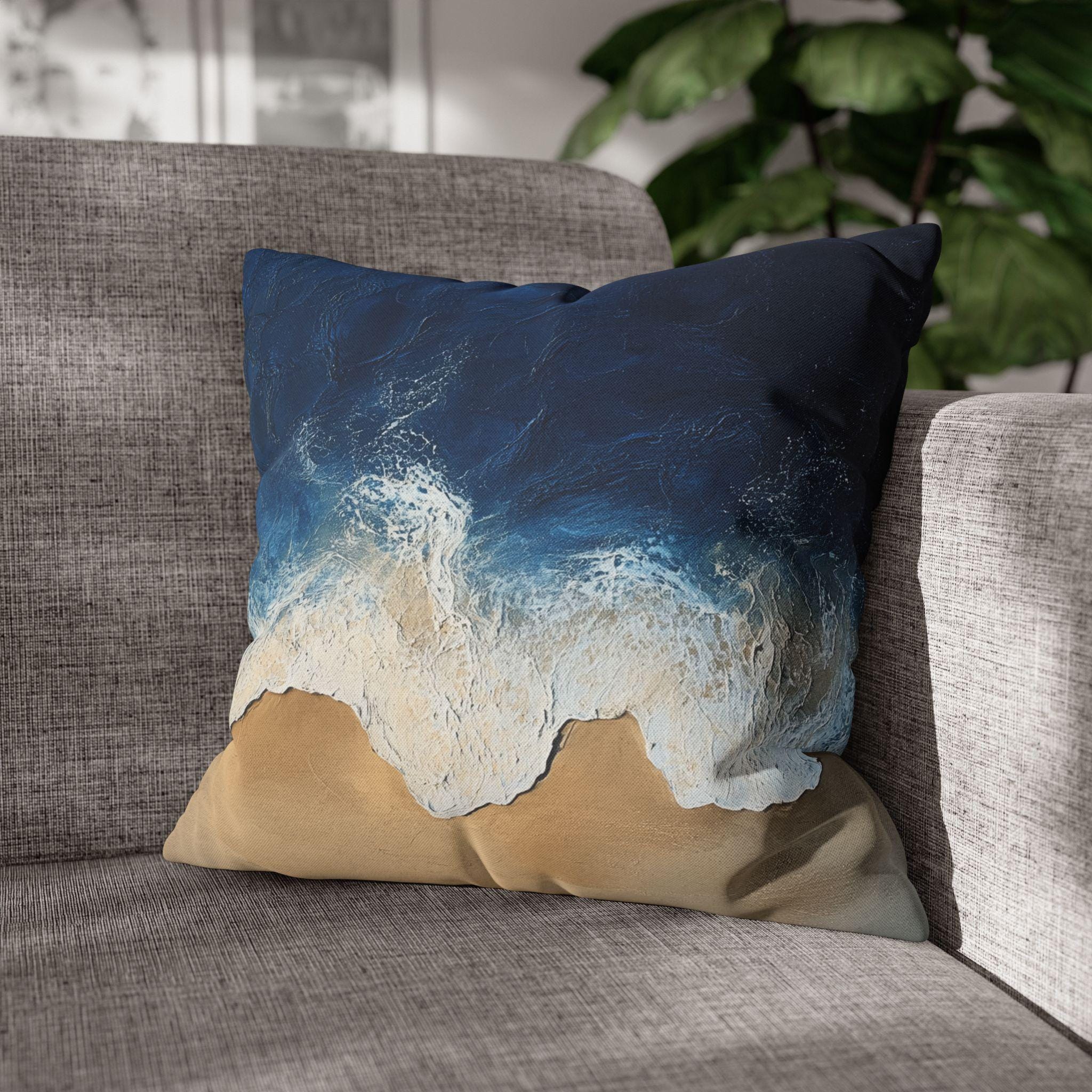 Coastal Square Pillow Cover: Beach-Inspired Ocean Blue & Sandy Beige Decor for Seaside Home Living
