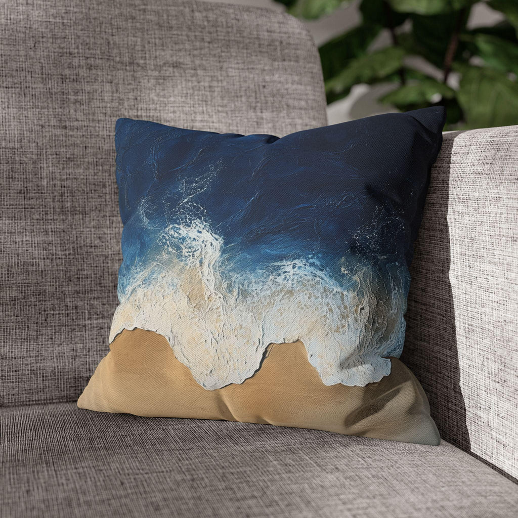 Coastal Square Pillow Cover: Beach-Inspired Ocean Blue & Sandy Beige Decor for Seaside Home Living
